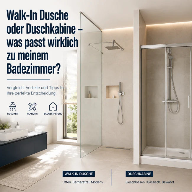 Walk-In Dusche vs Duschkabine Vergleich im modernen Badezimmer - offenes vs geschlossenes Duschsystem