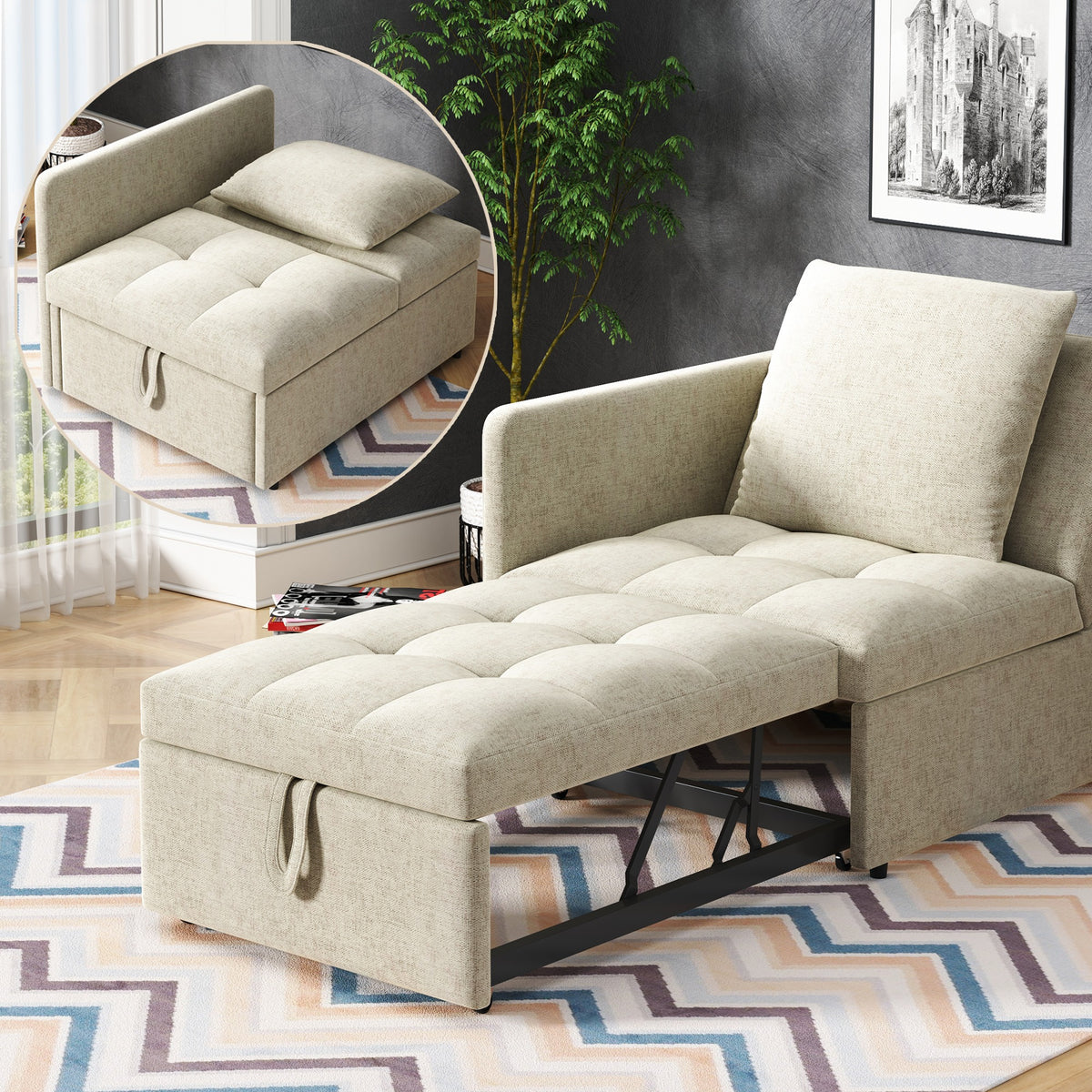 SONNI Schlafsofa mit Schlaffunktion, 3 in 1 Polsterbett, Leinenstoffsofa mit verstellbarer Rückenlehne und Kissen, Liegesofa für Gästezimmer und Home-Office, 177 x 68 x 65 cm