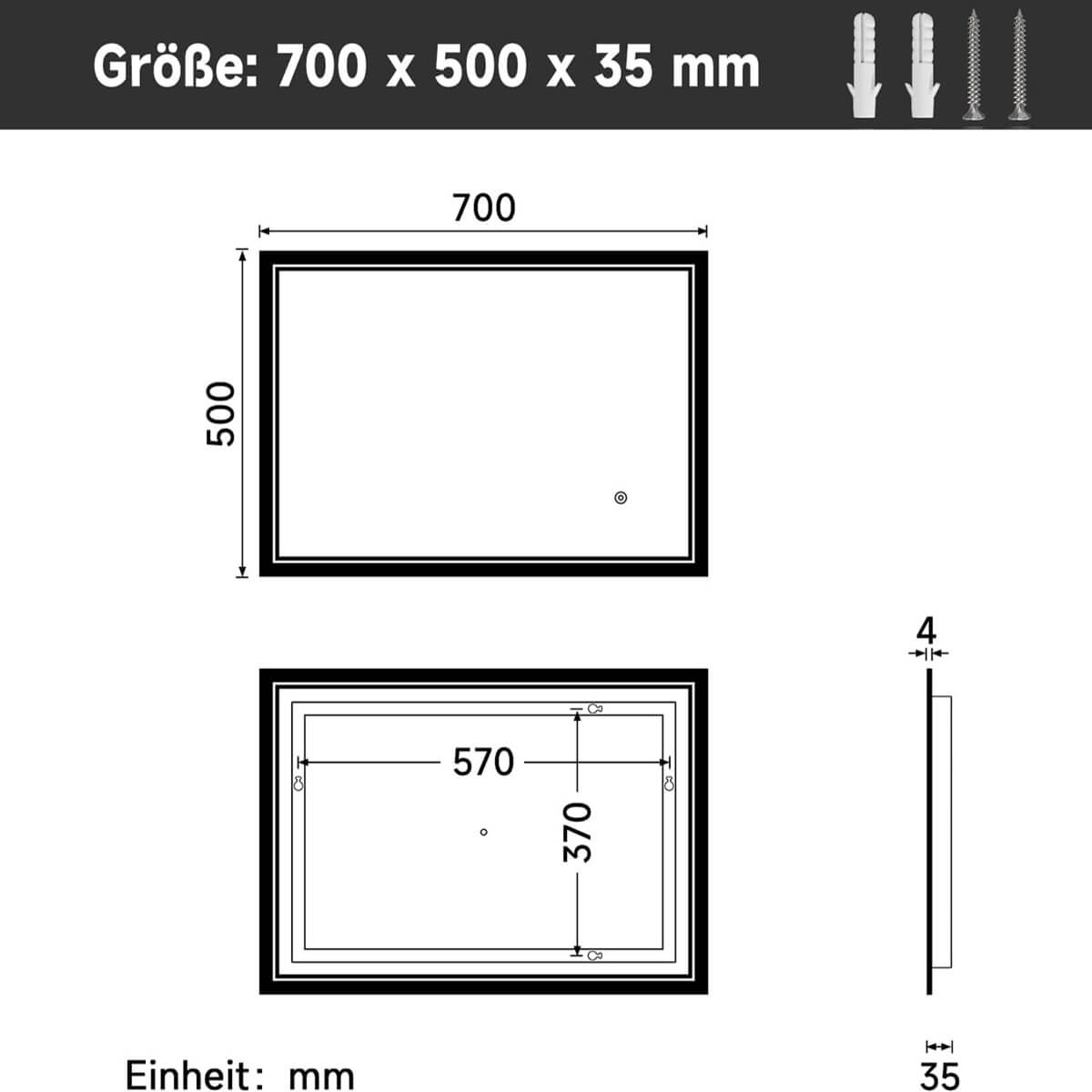 SONNI Badspiegel mit Beleuchtung Beschlagfrei LED Badspiegel mit Touchschalter kaltwei IP44 Wandschalter