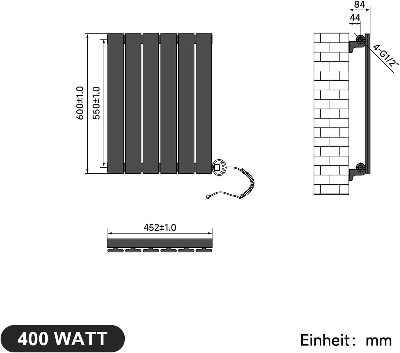 SONNI Badheizkörper Elektrischer Paneelheizkörper Anthrazit Mit Programmierbare Thermostate für Handtuchwärmer Handtuchheizkörper Elektrisch mit Timerfunktion und Temperaturregler