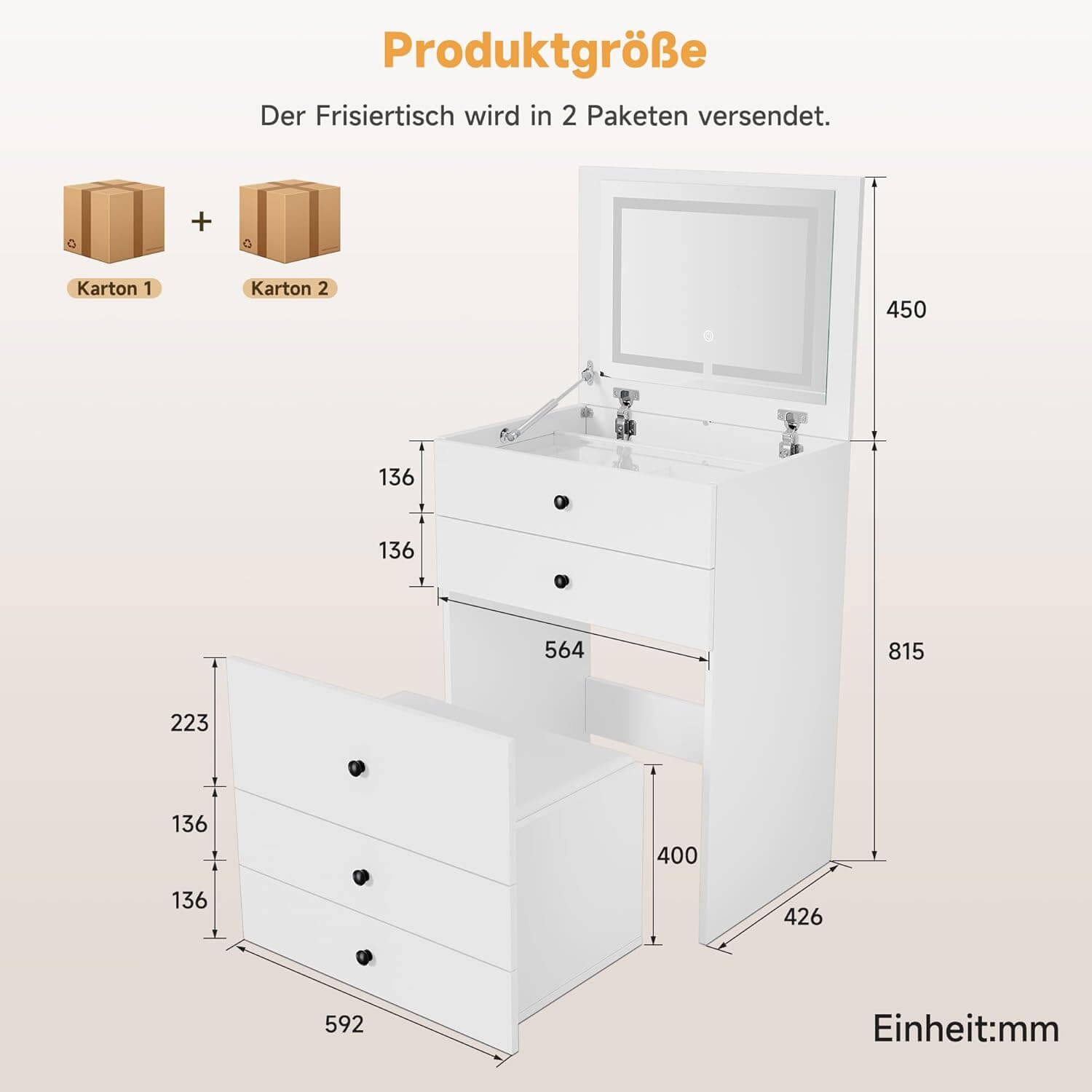 SONNI 3 in 1 Schminktisch mit Klappspiegel und LED, Kosmetiktisch mit sichtbarer Glasplatte, 4 Schubladen, Aufbewahrungshocker mit 4 Universalrollen, Frisiertisch für Schlafzimmer, Weiß, 60x45x83cm