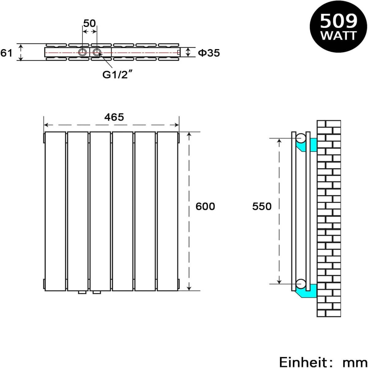 SONNI Design Heizkörper flach und klein für Badezimmer, vertikaler Badheizkörper flach Paneelheizkörper für Bad Flachheizkörper 600*465mm Weiß ohne/mit Mittelanschluss