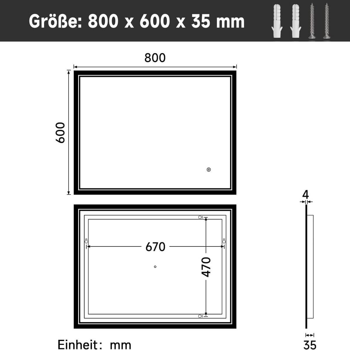 SONNI Badspiegel mit Beleuchtung Beschlagfrei LED Badspiegel mit Touchschalter kaltwei IP44 Wandschalter