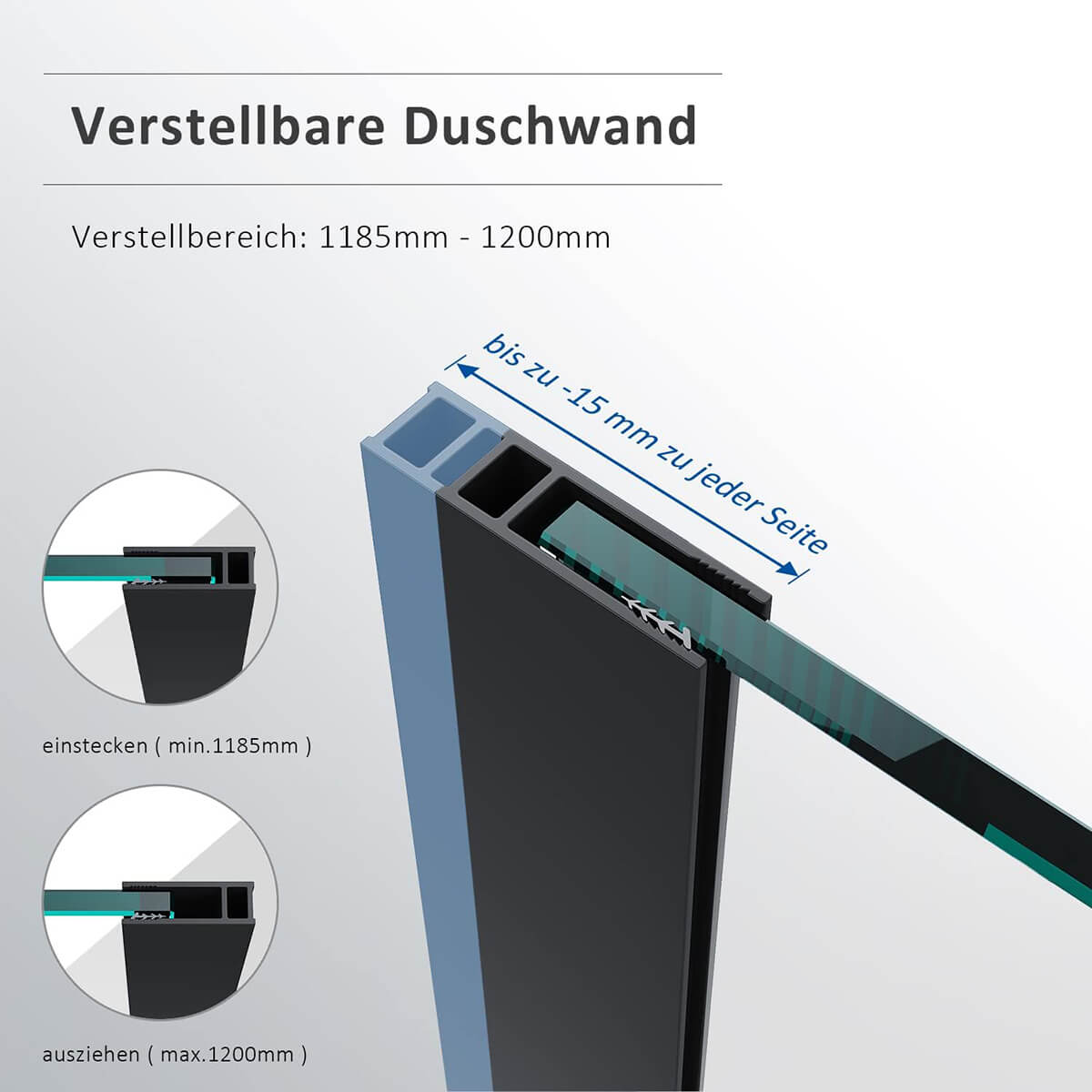SONNI Begehbare Dusche Duschabtrennung Duschwand 8mm Schwarz Duschabtrennung Duschkabine Nano ESG