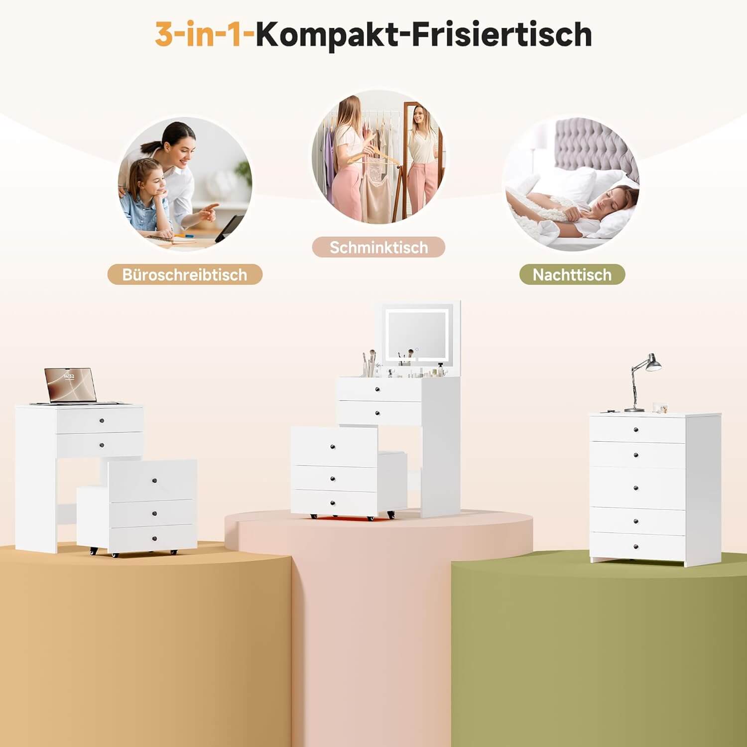 SONNI 3 in 1 Schminktisch mit Klappspiegel und LED, Kosmetiktisch mit sichtbarer Glasplatte, 4 Schubladen, Aufbewahrungshocker mit 4 Universalrollen, Frisiertisch für Schlafzimmer, Weiß, 60x45x83cm