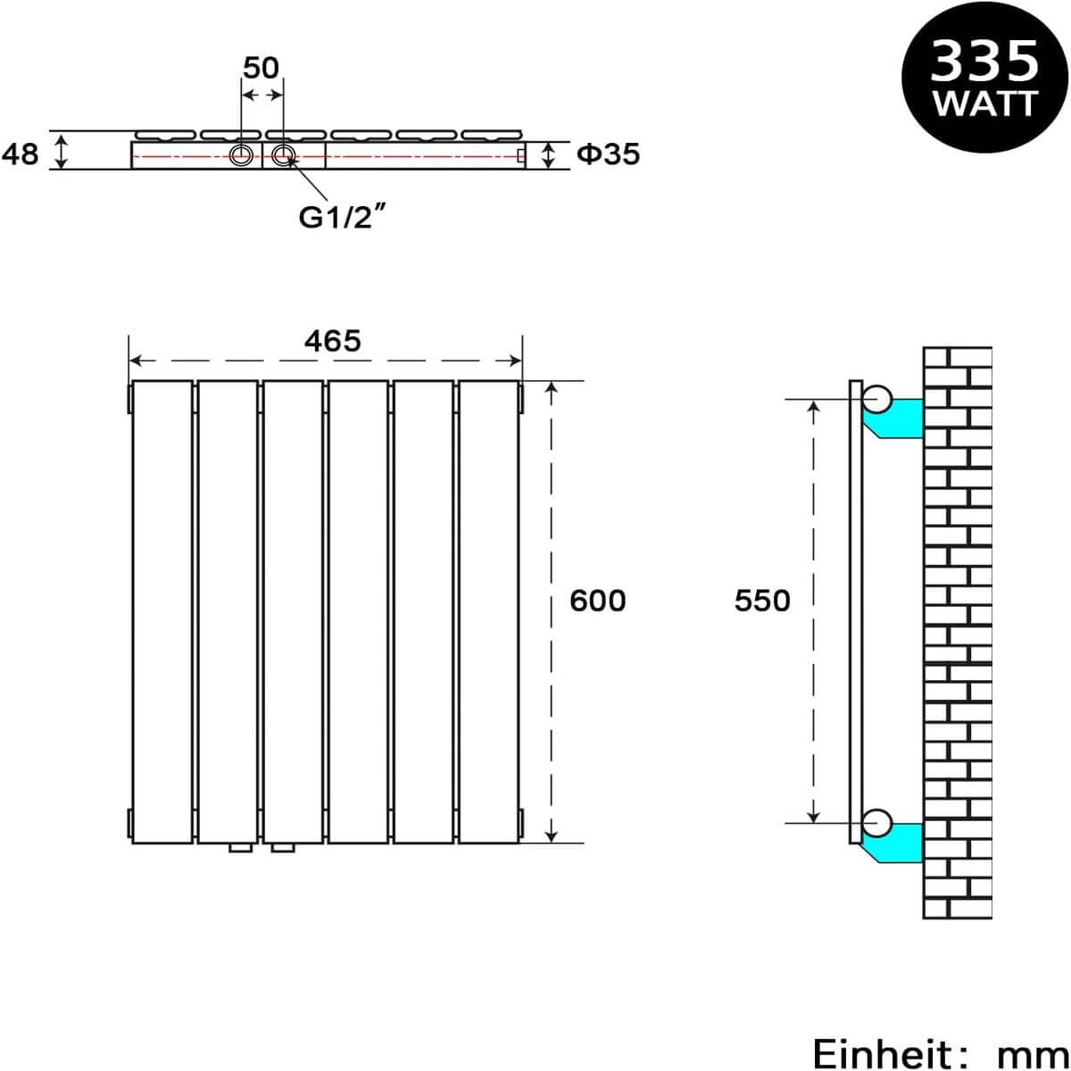 SONNI Design Heizkörper flach und klein für Badezimmer, vertikaler Badheizkörper flach Paneelheizkörper für Bad Flachheizkörper 600*465mm Weiß ohne/mit Mittelanschluss