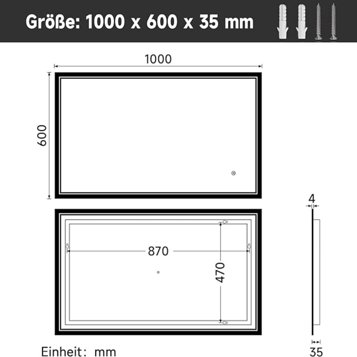 SONNI Badspiegel mit Beleuchtung Beschlagfrei LED Badspiegel mit Touchschalter kaltwei IP44 Wandschalter