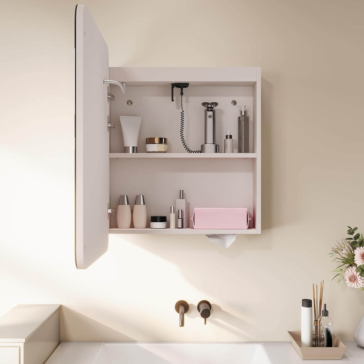 SONNI Spiegelschrank mit Beleuchtung 70x 55 cm, LED Spiegelschrank mit Taschentuch-Durchlass, Steckdose, Anti-Beschlag & 3 Lichtfarben, Dimmbar - Holzschrank Beige, Vollständig Montiert