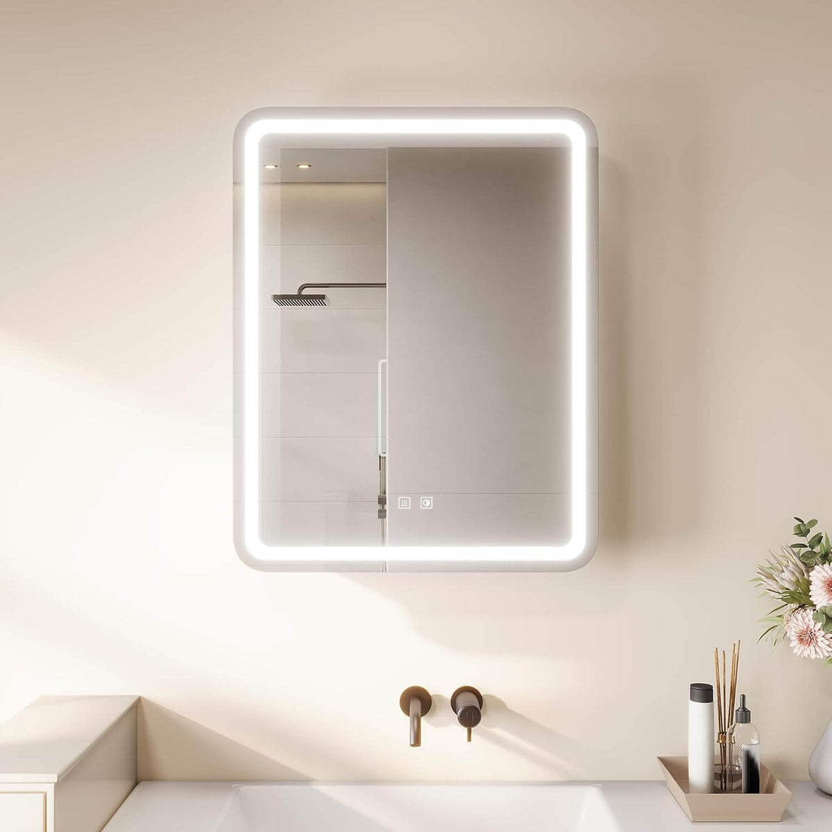 SONNI Spiegelschrank mit Beleuchtung 70x 55 cm, LED Spiegelschrank mit Taschentuch-Durchlass, Steckdose, Anti-Beschlag & 3 Lichtfarben, Dimmbar - Holzschrank Beige, Vollständig Montiert