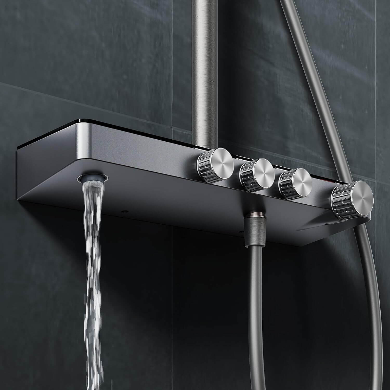 SONNI Duschsystem mit Thermostat (KTW/WRAS) Anthrazit Matt - 360° Drehbarer Eckiger Kopfbrause (1 Strahlart), Handbrause (3 Strahlarten), Brausestange aus Runde, Duschset, 38°C Konstanttemperatur, ABS