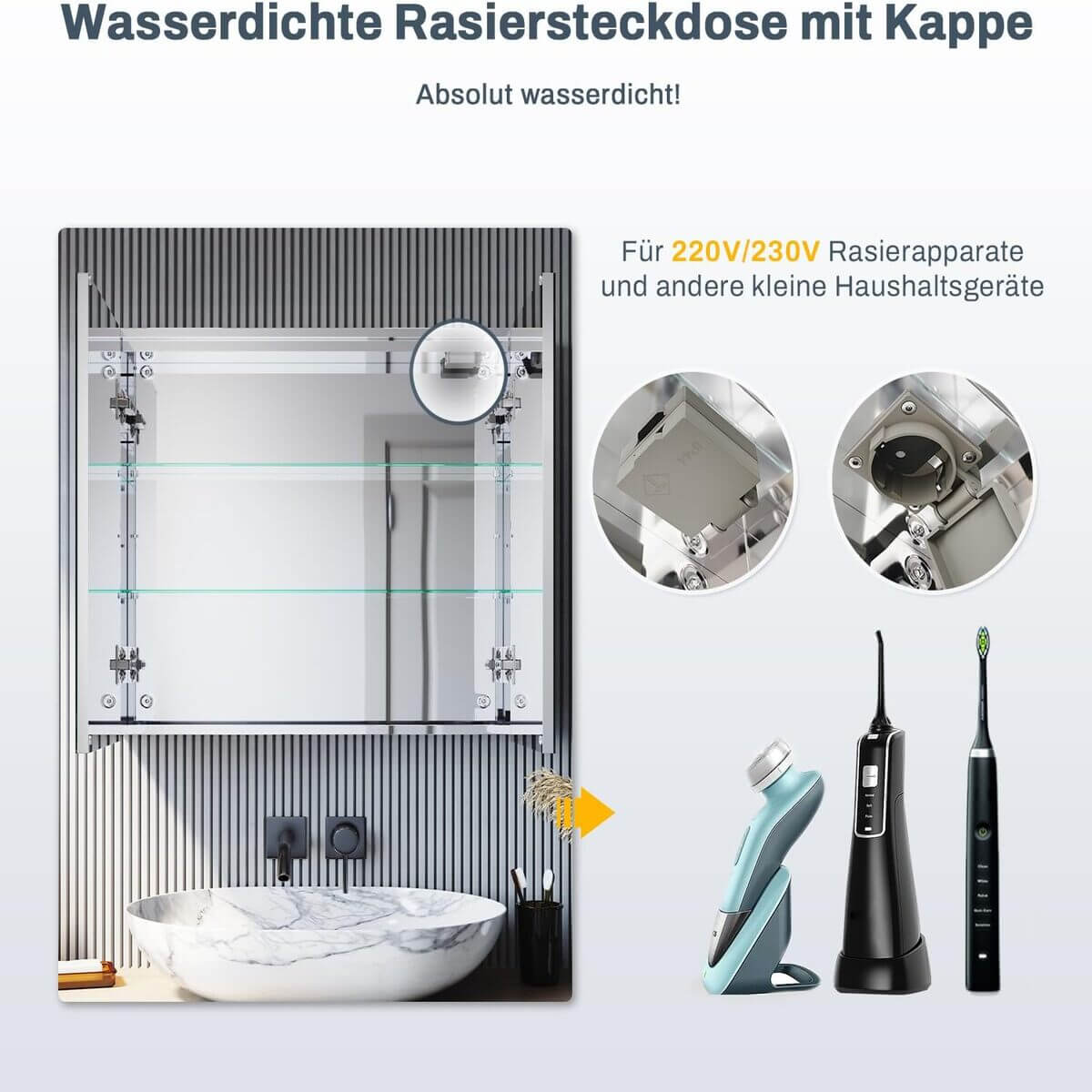 SONNI Edelstahl LED Spiegelschrank mit Beleuchtung, Steckdose und Kippschalter fürs Badezimmer 70x65 cm