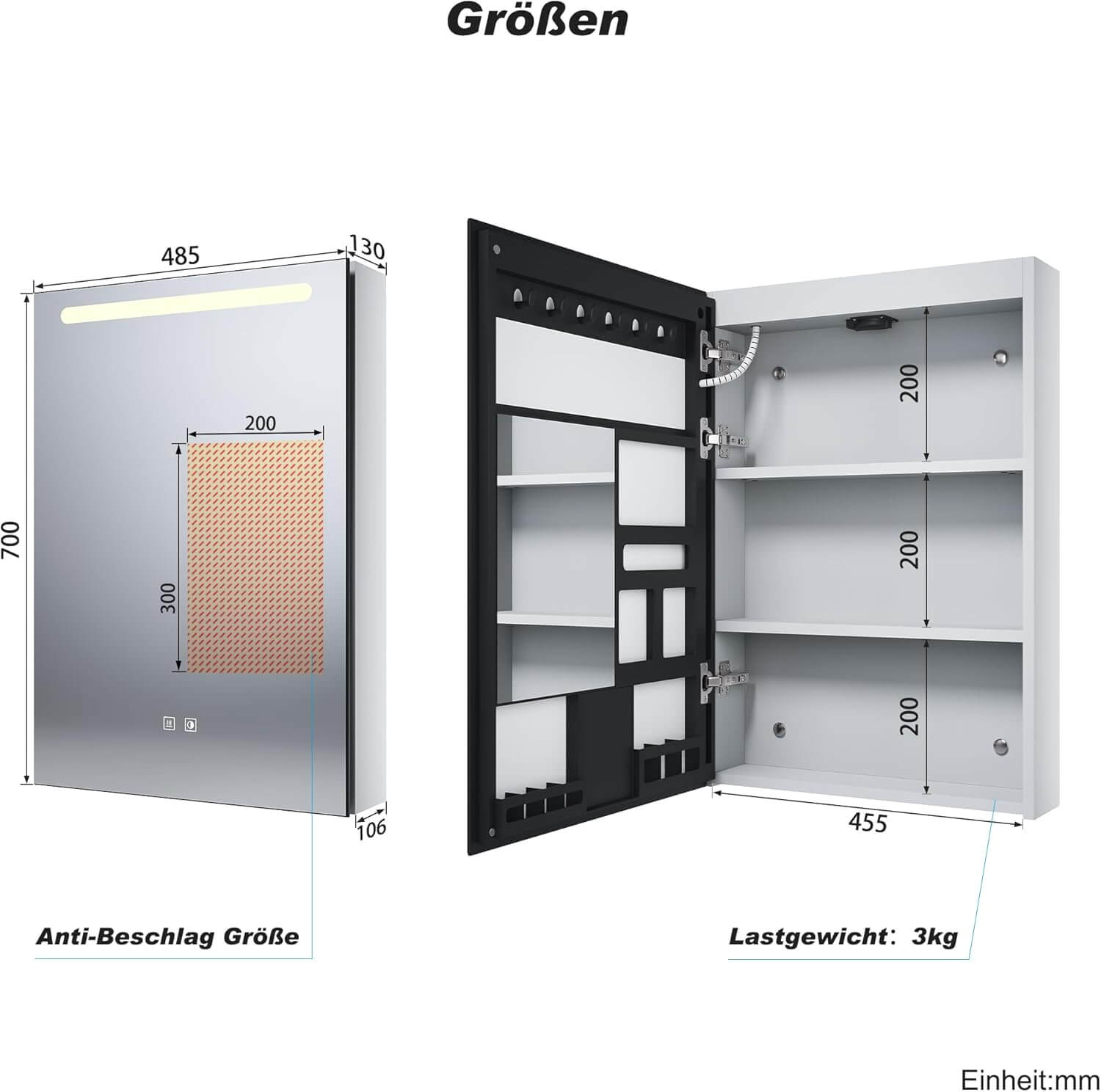 SONNI LED Spiegelschrank mit Make-up Ablage, Anti-Beschlag, Steckdose & Kosmetik-Organizer, 3 Lichtfarben Vollständig Montiert