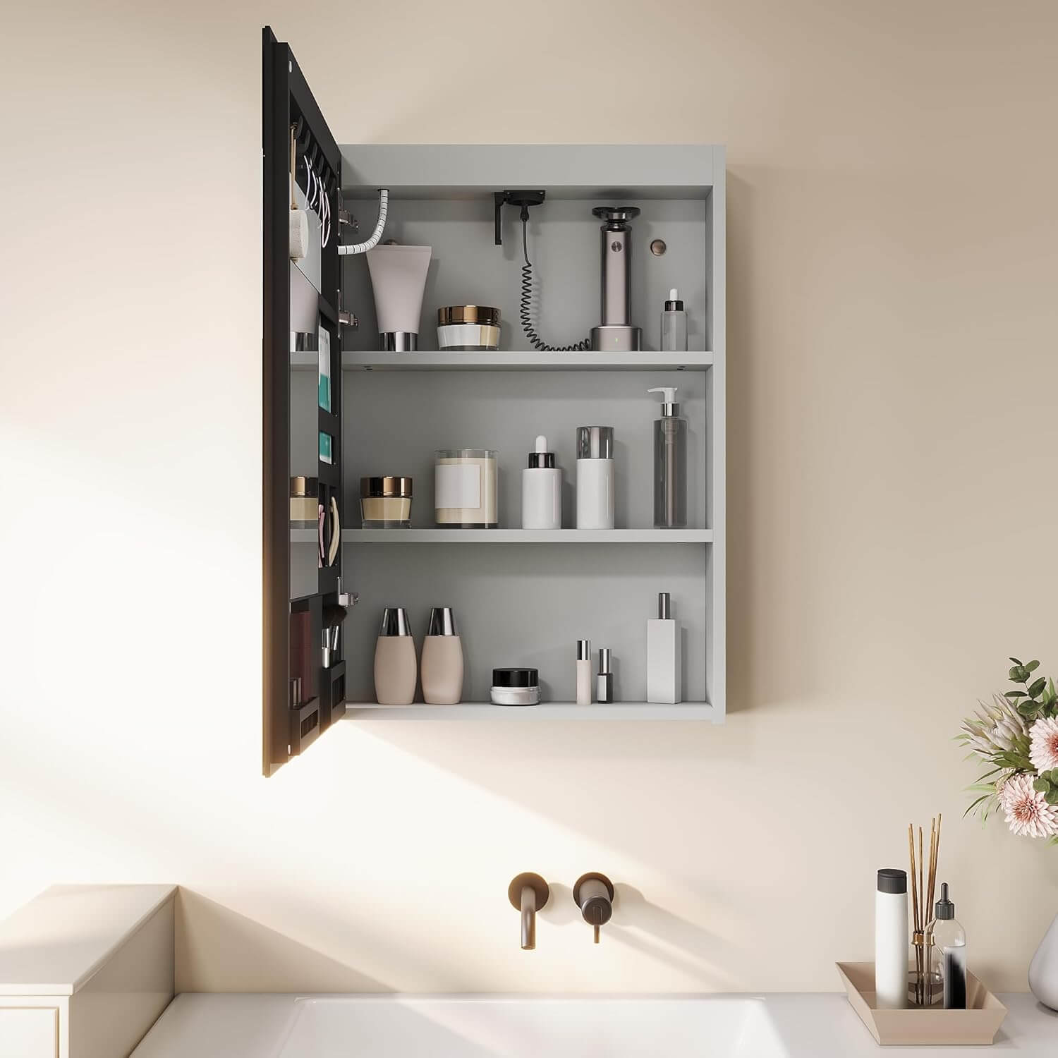 SONNI LED Spiegelschrank mit Make-up Ablage, Anti-Beschlag, Steckdose & Kosmetik-Organizer, 3 Lichtfarben Vollständig Montiert