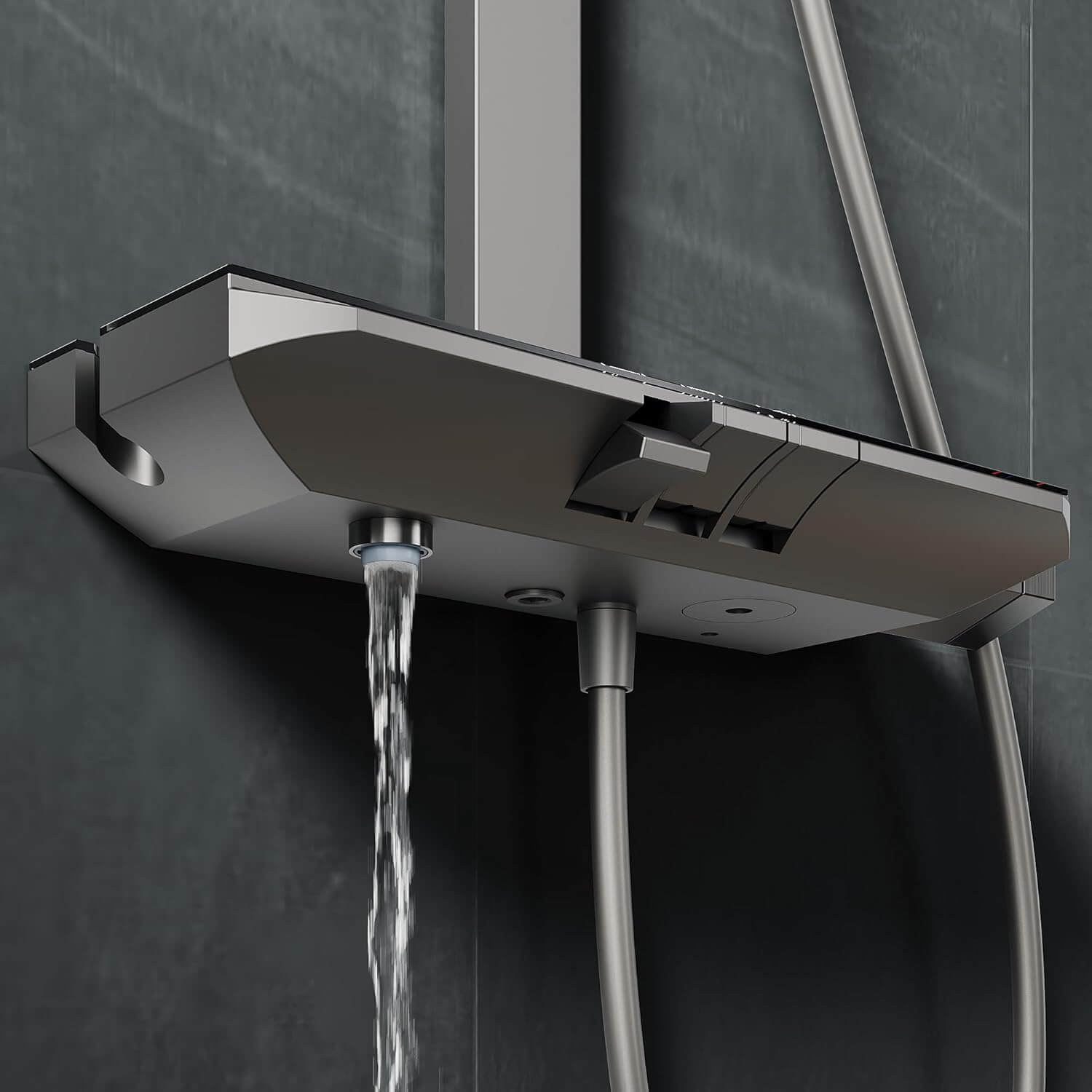 SONNI Duschsystem mit Thermostat (KTW/WRAS) Anthrazit Matt - Digital Temperaturanzeige, 360° Drehbarer Eckiger Kopfbrause (1 Strahlart), Handbrause (3 Strahlarten), Brausestange aus Vierkantrohr, 38°C