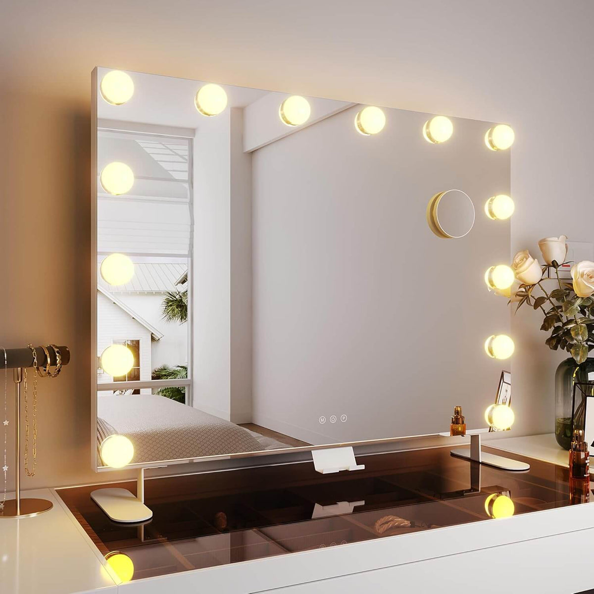 SONNI  Hollywood Schminkspiegel, 80x60cm, Schminktisch Spiegel mit 3 Lichtmodi und 14 Licht Dimmbar, LED Tischspiegel mit Handyhalter und USB, 10X Vergrößerung, Smart Touch Steuerung