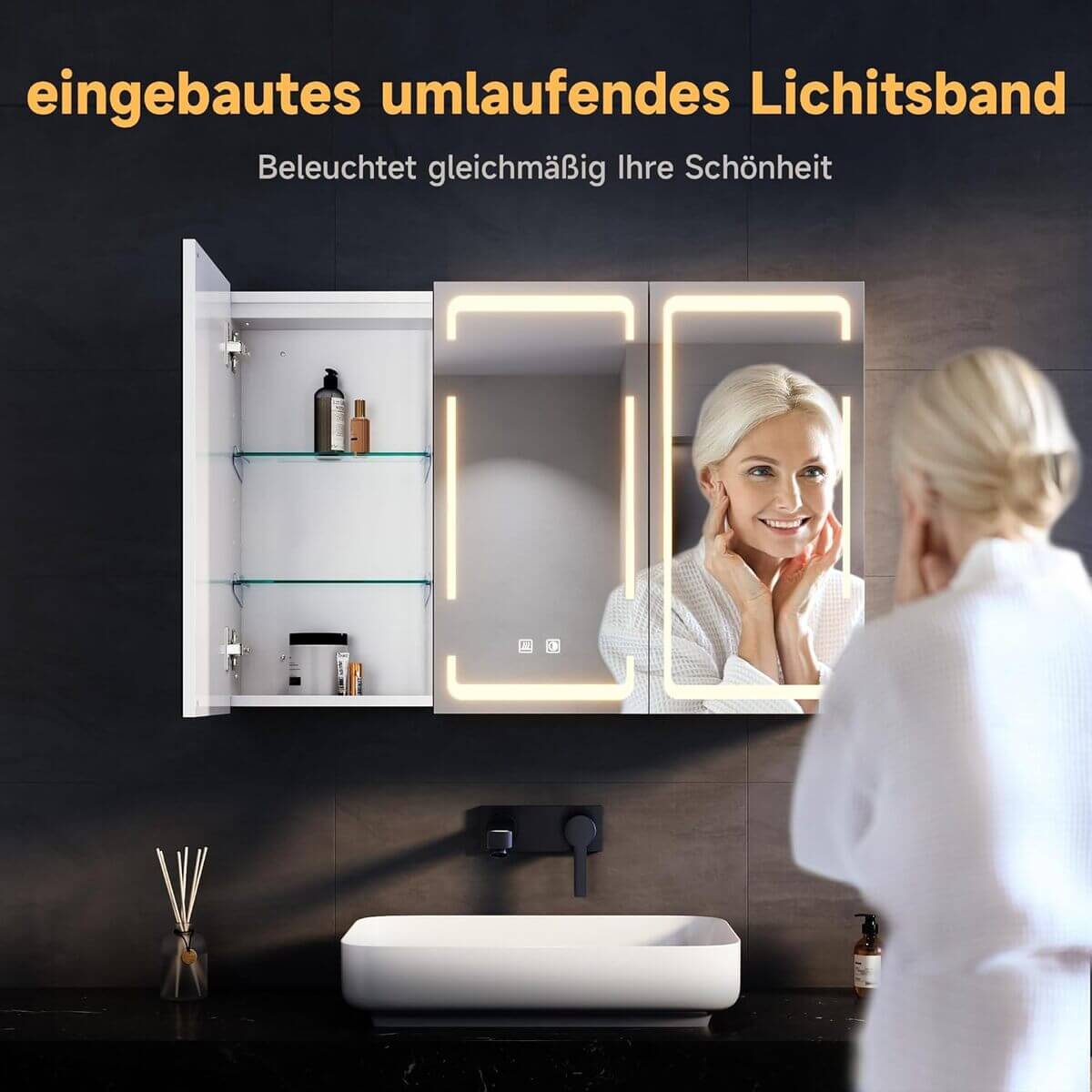 SONNI Spiegelschrank mit Beleuchtung 3 Lichtfarbe Einstellbar und Beschlagfrei 3 Türiger Spiegelschrank mit Kabelloses Scharnier Design und Steckdose 90x60 cm weiß