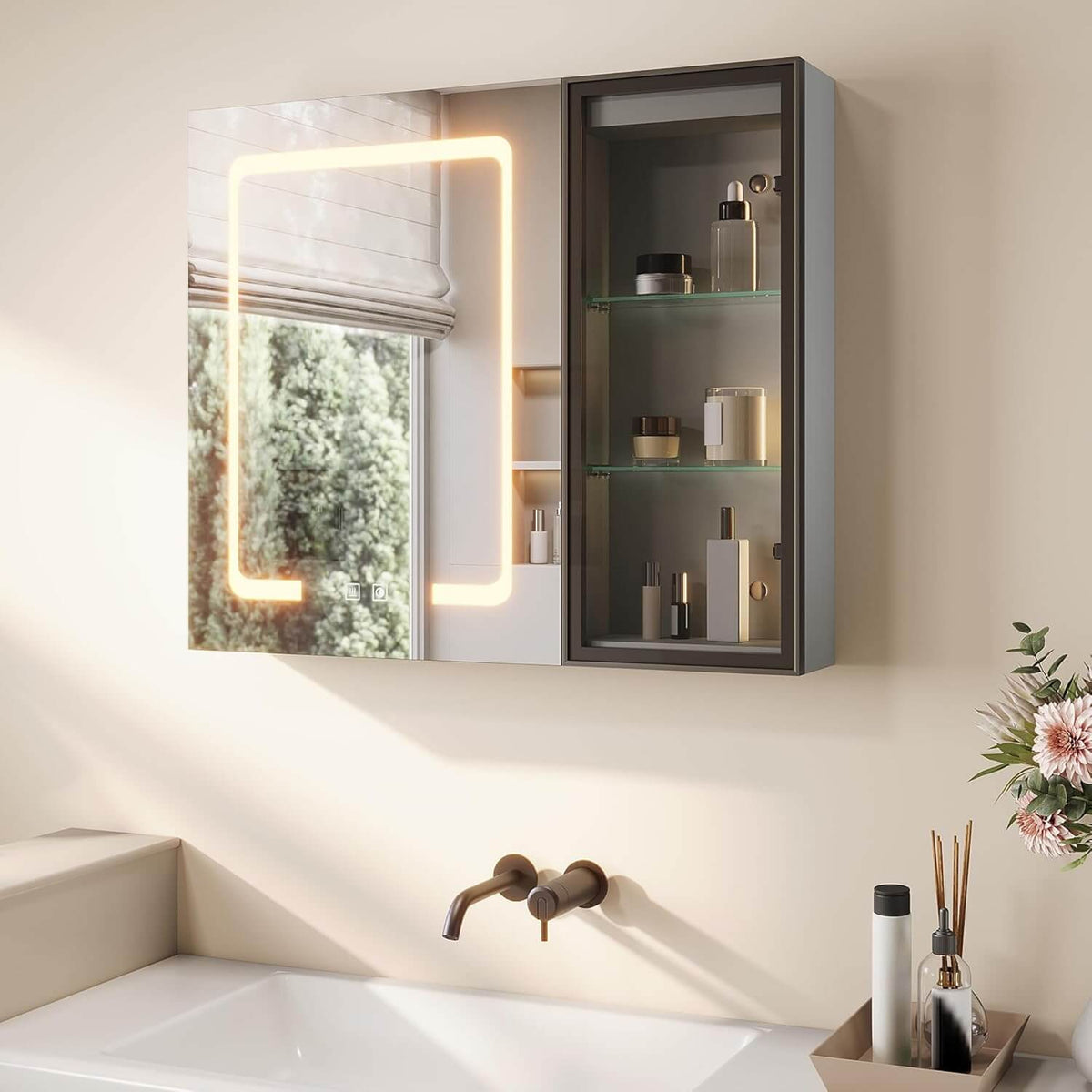 SONNI Spiegelschrank Bad mit Beleuchtung LED Spiegelschrank mit Glasvitrine und Ambientebeleuchtung, Glasboden, Anti-Beschlag, Steckdose, 3 Lichtfarben, Dimmbar, Vollständig Montiert