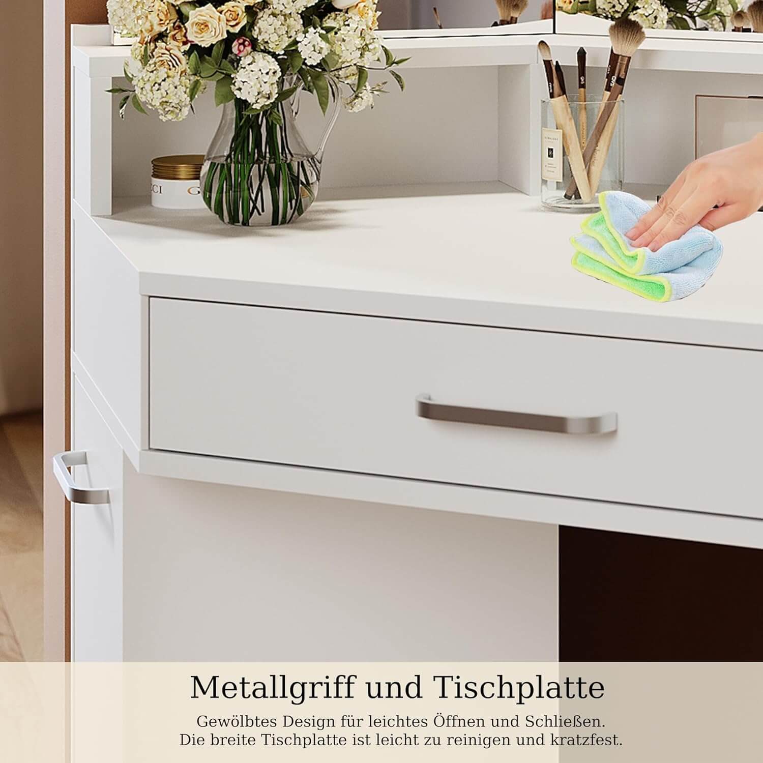 SONNI Eck Schminktisch mit Dreifachspiegel, 111x54x141.5cm, Kosmetiktisch mit Großer Schubladen, Auszugsschrank, Regale, 3 Offene Fächer, Moderner Frisiertisch für Schlafzimmer
