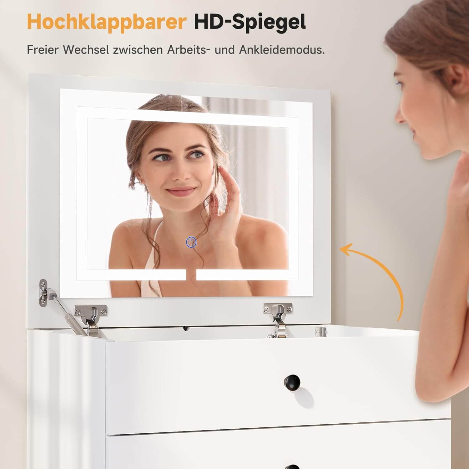 SONNI 3 in 1 Schminktisch mit Klappspiegel und LED, Kosmetiktisch mit sichtbarer Glasplatte, 4 Schubladen, Aufbewahrungshocker mit 4 Universalrollen, Frisiertisch für Schlafzimmer, Weiß, 60x45x83cm