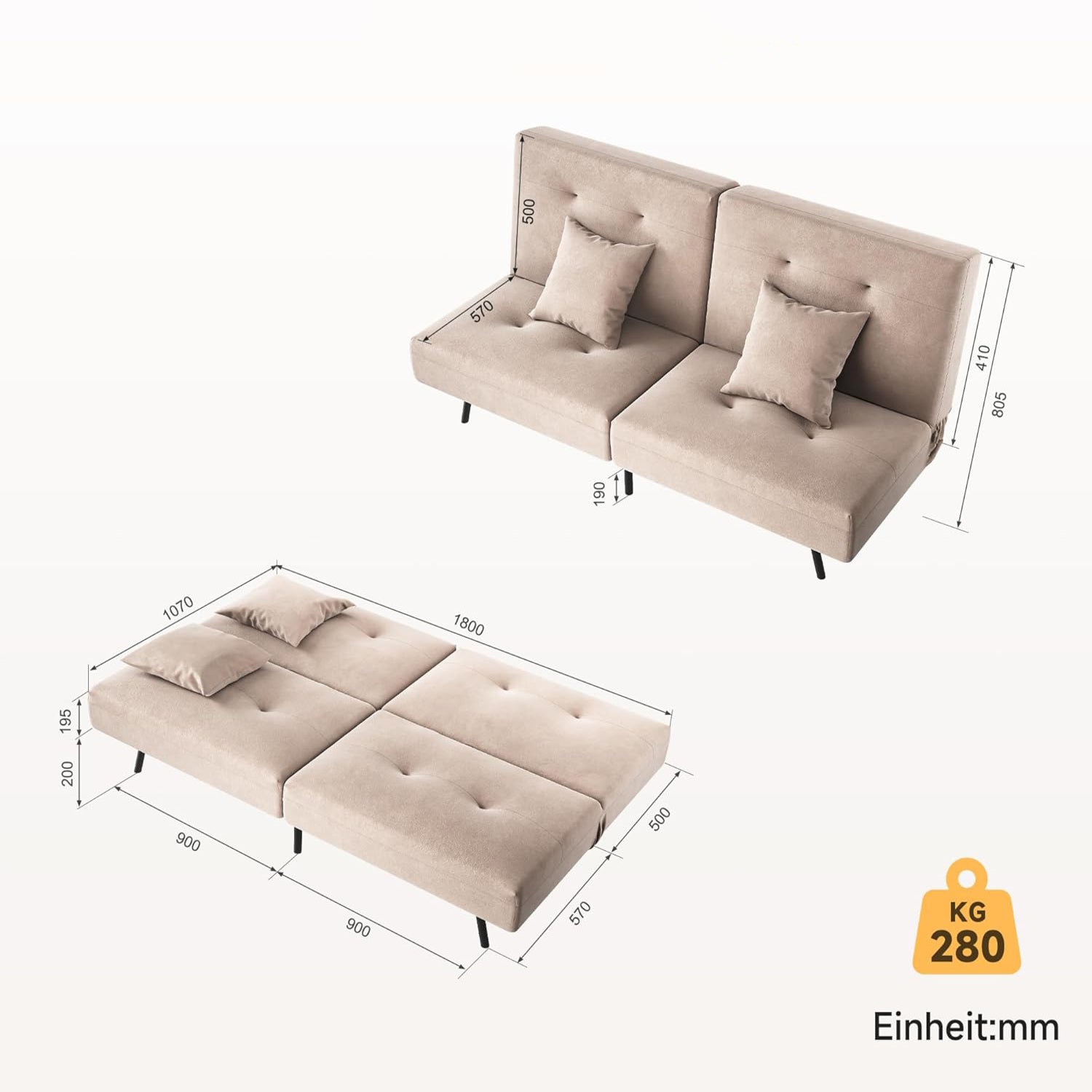 SONNI Schlafsofa 3-in-1, Klappbares Sofabett mit Verstellbarer Rückenlehne(100° 135° 180°), 2 Kissen, Schlaffunktion, Baby-Samt, Für Wohnzimmer, Gästezimmer & kleine Räume, Dunkelgrau, 180x89x78cm
