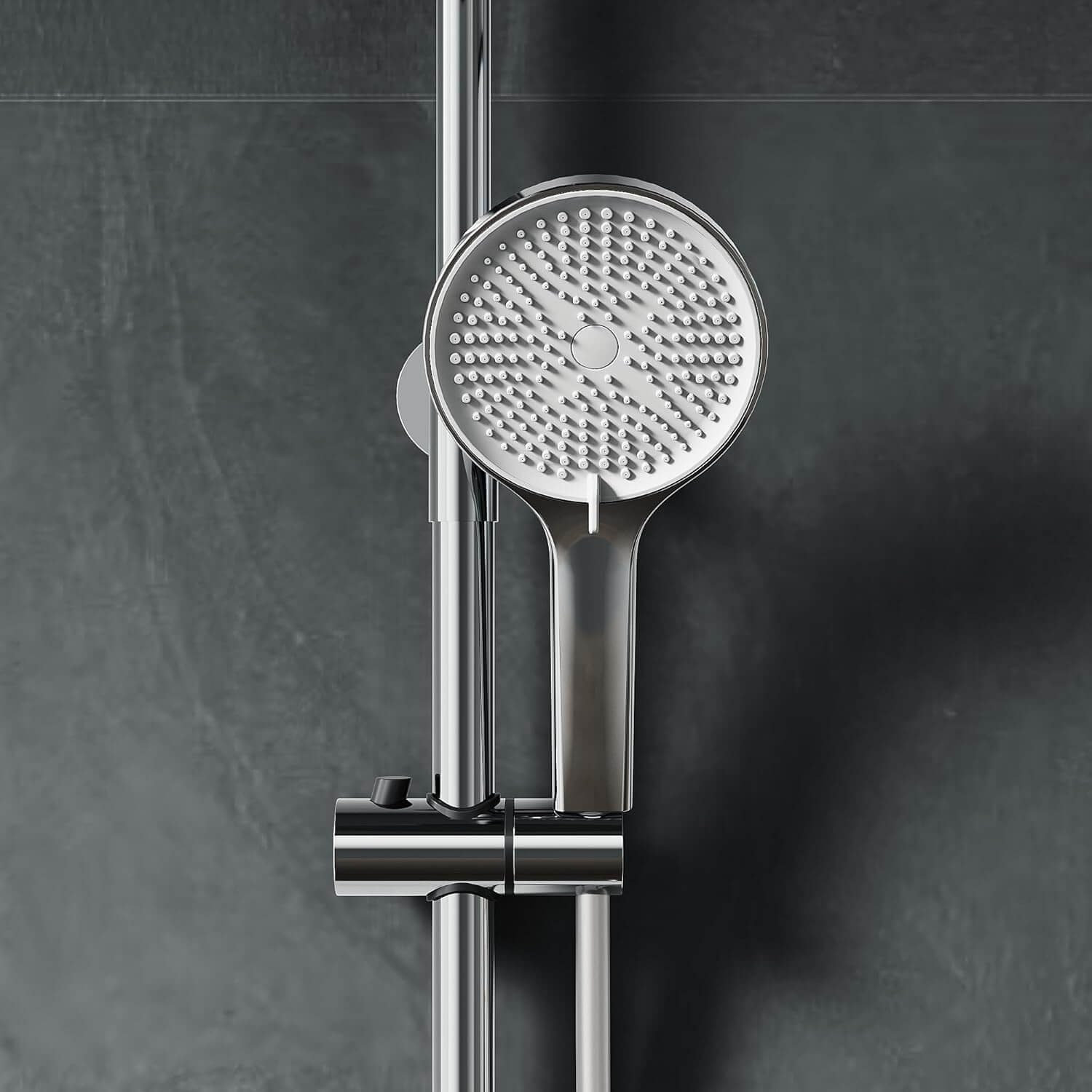 SONNI Duschsystem mit Thermostat (KTW/WRAS) Chrom - Kindersicherung, Französisches Ventil, 360° Drehbarer Runder Kopfbrause (1 Strahlart), Handbrause (3 Strahlarten), Brausestange aus Runde, 38°C, ABS