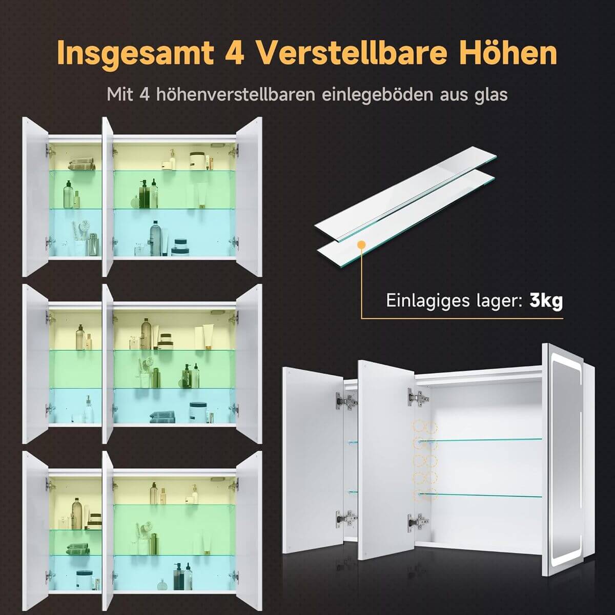 SONNI Spiegelschrank mit Beleuchtung 3 Lichtfarbe Einstellbar und Beschlagfrei 3 Türiger Spiegelschrank mit Kabelloses Scharnier Design und Steckdose 90x60 cm weiß