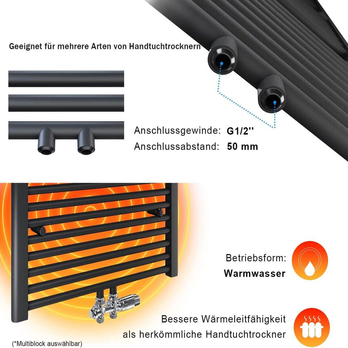 SONNI Badheizkörper Heizkörper Handtuchtrockner Handtuchwärmer 1600*500mm Anthrazit ohne/mit Mutiblock