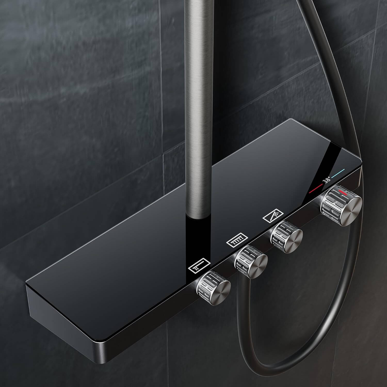 SONNI Duschsystem mit Thermostat (KTW/WRAS) Anthrazit Matt - 360° Drehbarer Eckiger Kopfbrause (1 Strahlart), Handbrause (3 Strahlarten), Brausestange aus Runde, Duschset, 38°C Konstanttemperatur, ABS
