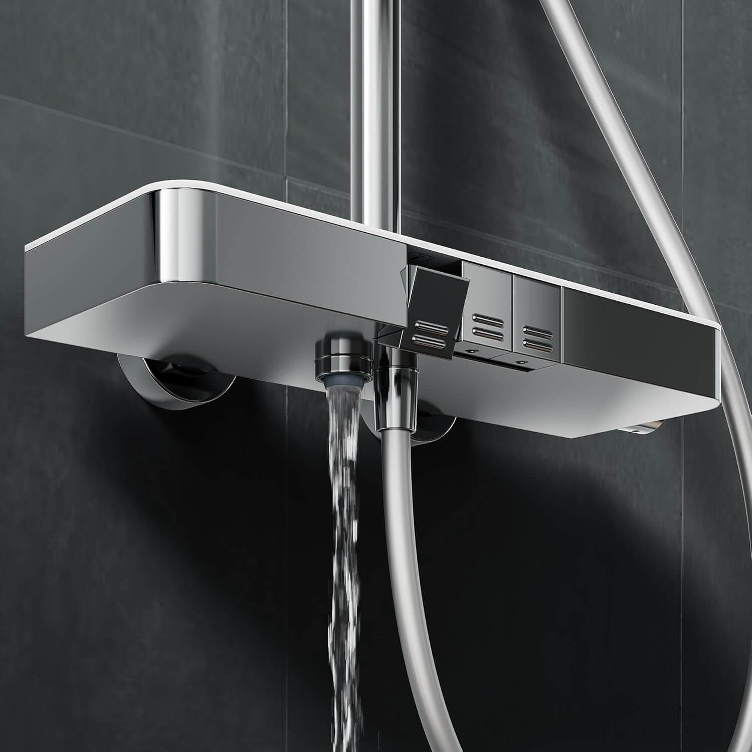 SONNI Duschsystem mit Thermostat (KTW/WRAS) Chrom - 360° Drehbarer Eckiger Kopfbrause (1 Strahlart), Handbrause (3 Strahlarten), Brausestange aus Runde, Duschset, 38°C Konstanttemperatur, Edelstahl