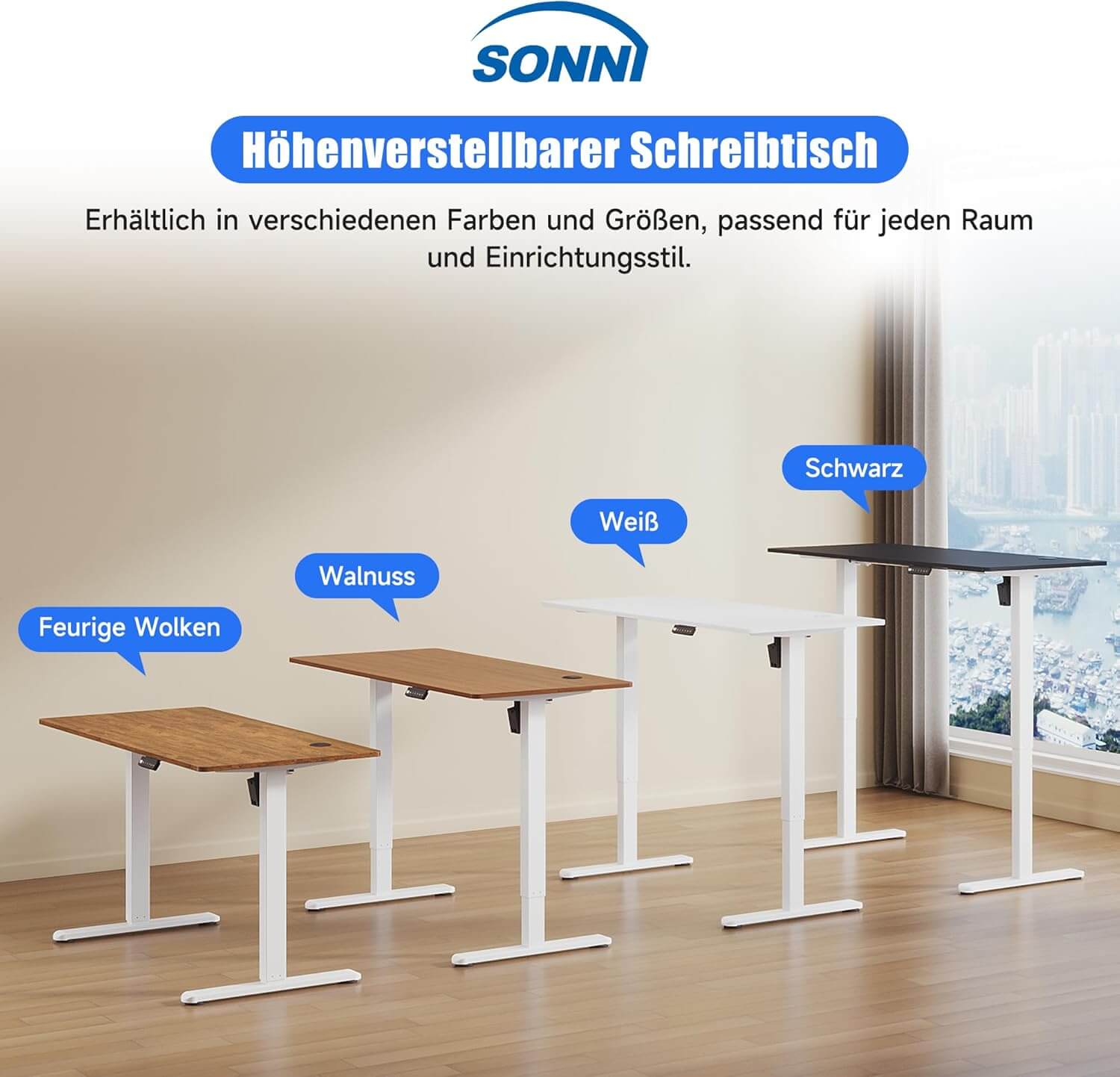 SONNI Elektrisch Höhenverstellbarer Schreibtisch Bürstenloser Motor mit 3 Memory-Funktionen, Anti-Kollisionssystem & Kabelmanagement, Steh-Sitz Tisch für Homeoffice, 60KG Traglast