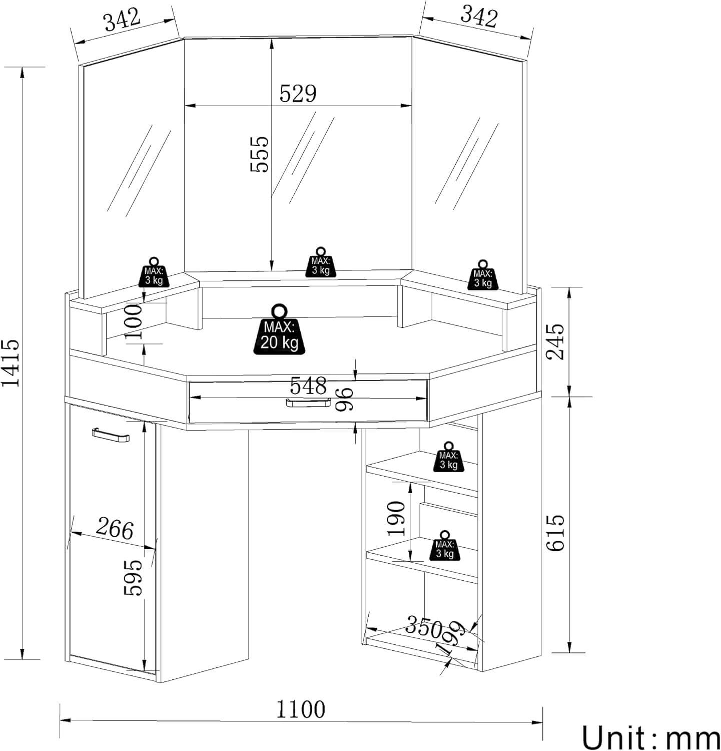 SONNI Eck Schminktisch mit Dreifachspiegel, 111x54x141.5cm, Kosmetiktisch mit Großer Schubladen, Auszugsschrank, Regale, 3 Offene Fächer, Moderner Frisiertisch für Schlafzimmer