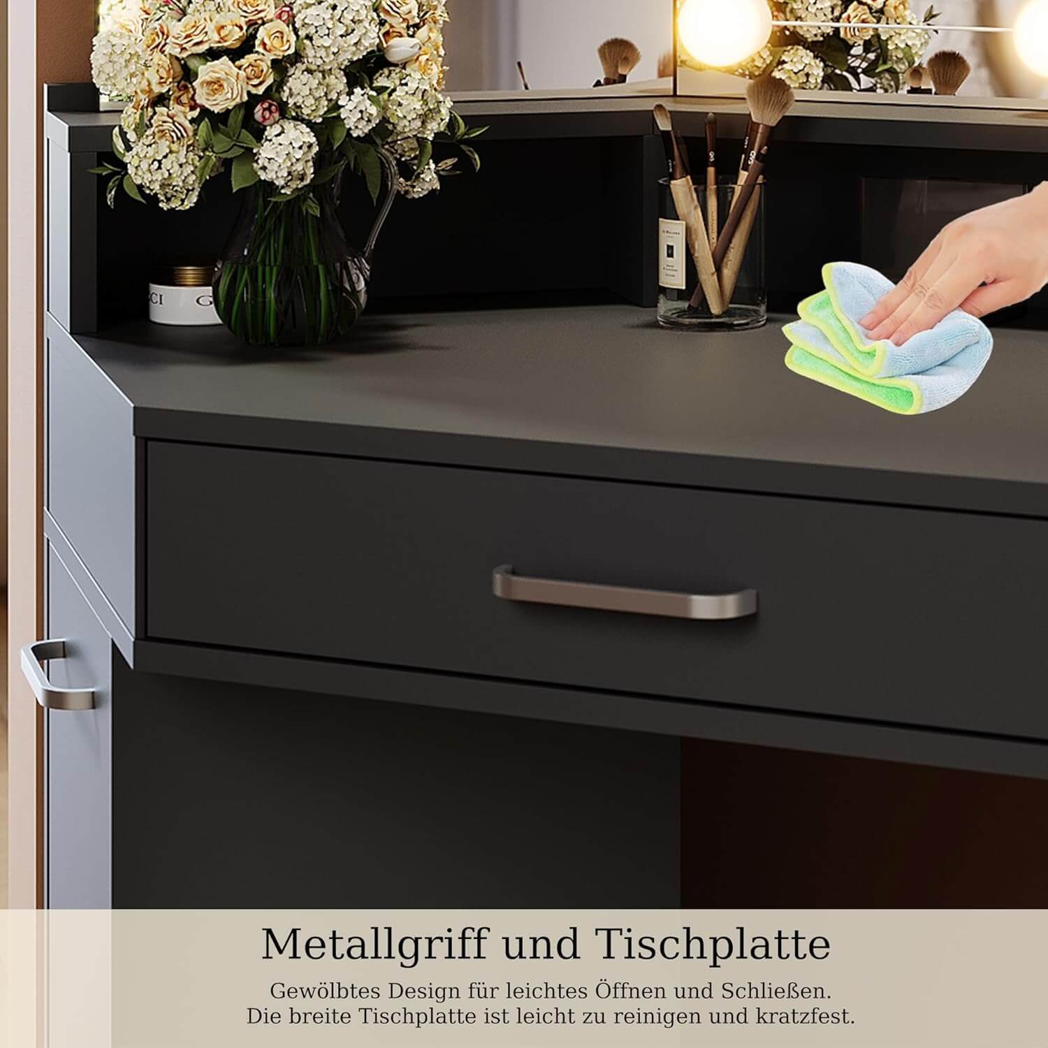 SONNI Eck Schminktisch mit Dreifachspiegel, 111x54x141.5cm, Kosmetiktisch mit Großer Schubladen, Auszugsschrank, Regale, 3 Offene Fächer, Moderner Frisiertisch für Schlafzimmer