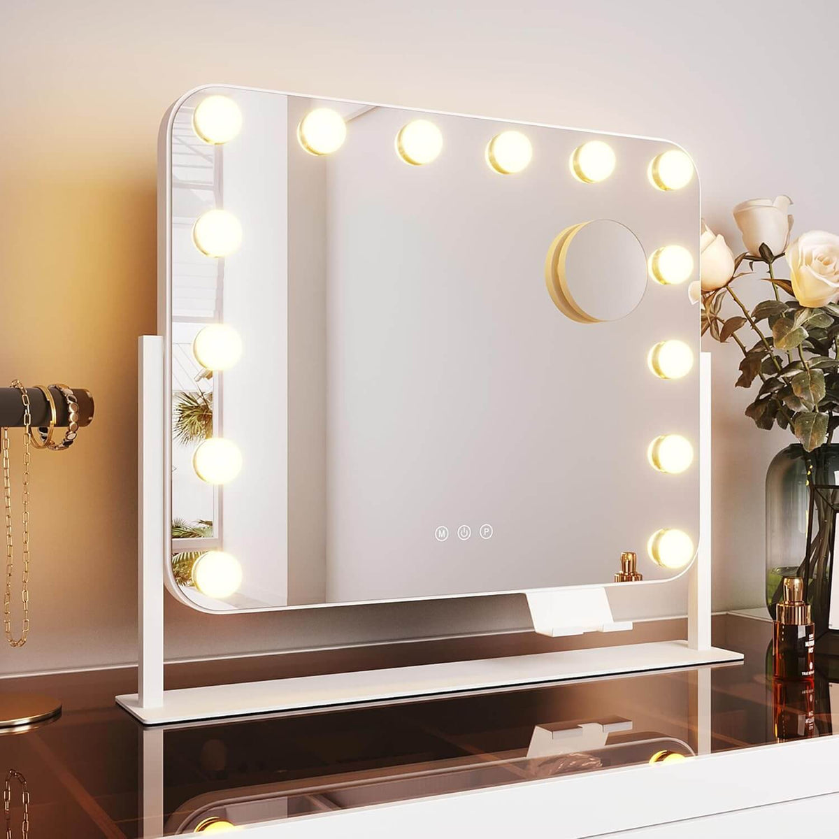 SONNI  Hollywood Schminkspiegel, 360°drehbarer Schminktisch Spiegel mit 3 Lichtmodi und 14 Licht Dimmbar, mit Handyhalter und USB, 10X Vergrößerung, Smart Touch Steuerung 50x40cm
