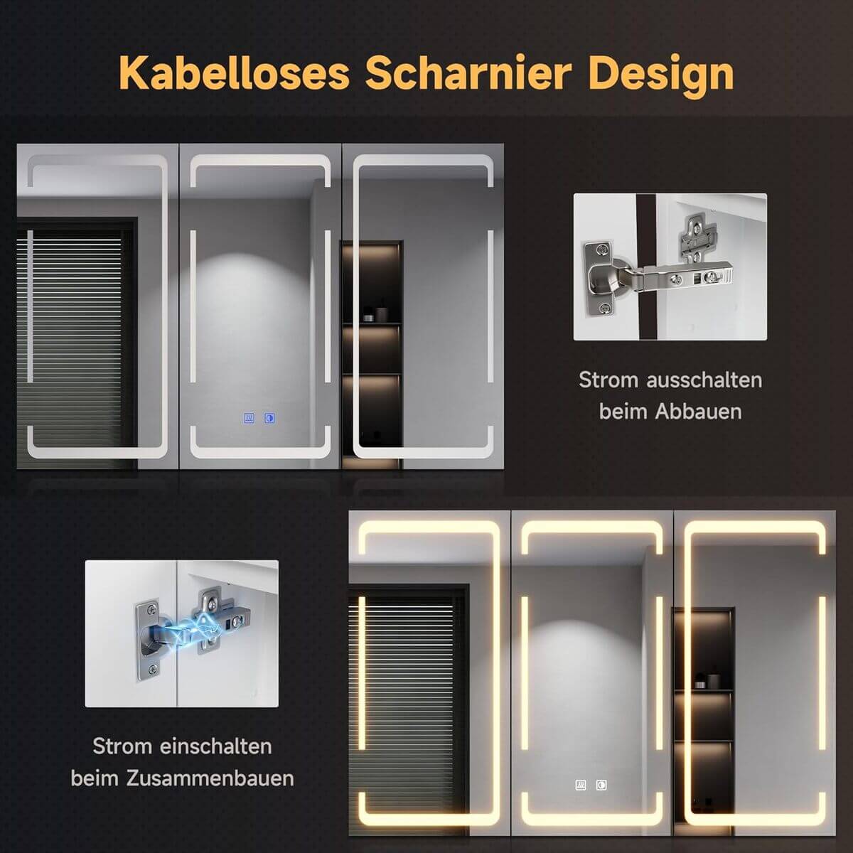 SONNI Spiegelschrank mit Beleuchtung 3 Lichtfarbe Einstellbar und Beschlagfrei 3 Türiger Spiegelschrank mit Kabelloses Scharnier Design und Steckdose 90x60 cm weiß