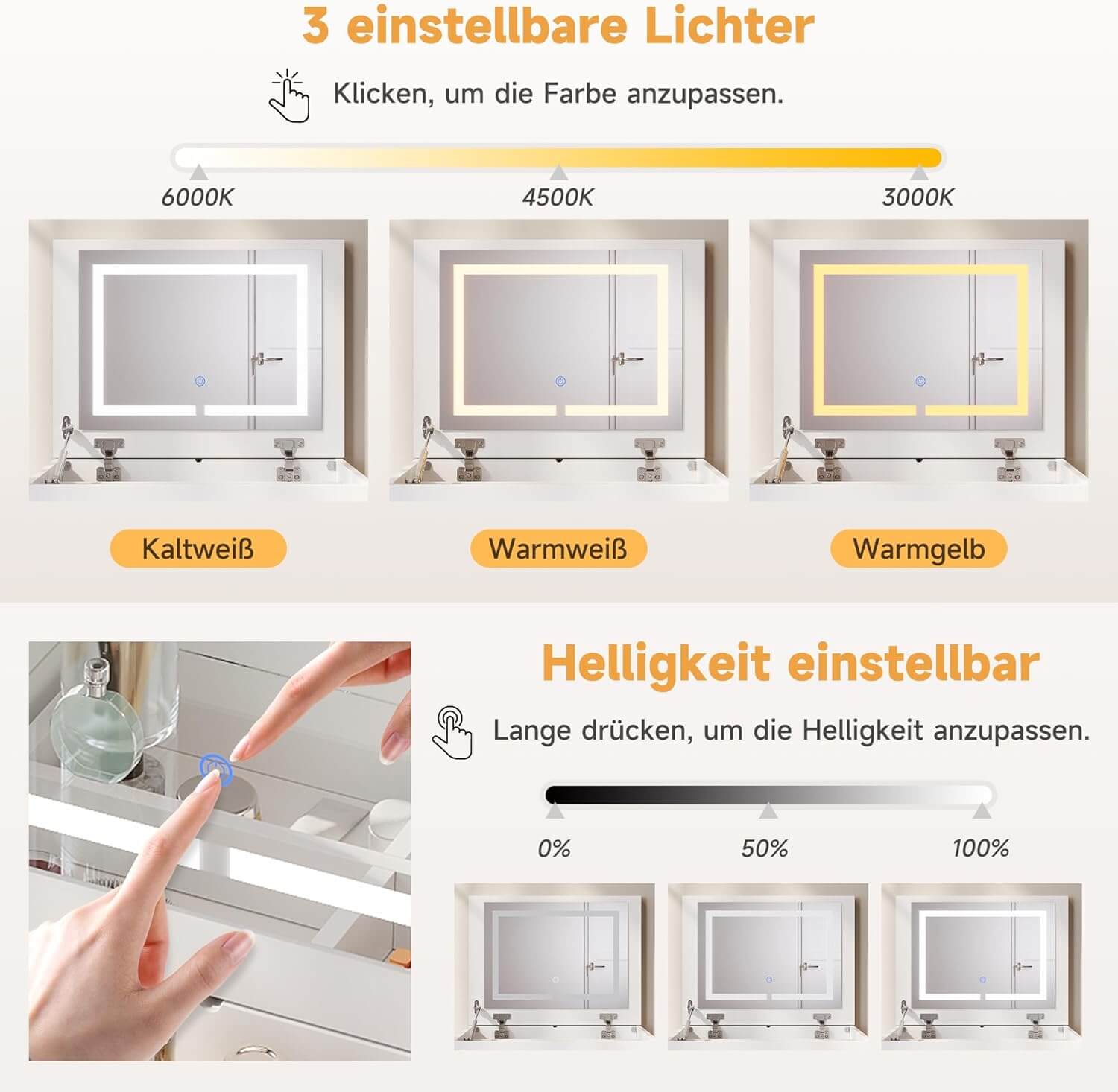 SONNI 3 in 1 Schminktisch mit Klappspiegel und LED, Kosmetiktisch mit sichtbarer Glasplatte, 4 Schubladen, Aufbewahrungshocker mit 4 Universalrollen, Frisiertisch für Schlafzimmer, Weiß, 60x45x83cm