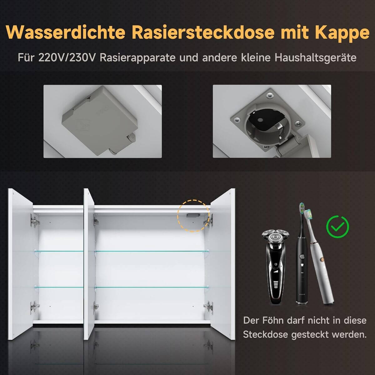 SONNI Spiegelschrank mit Beleuchtung 3 Lichtfarbe Einstellbar und Beschlagfrei 3 Türiger Spiegelschrank mit Kabelloses Scharnier Design und Steckdose 90x60 cm weiß