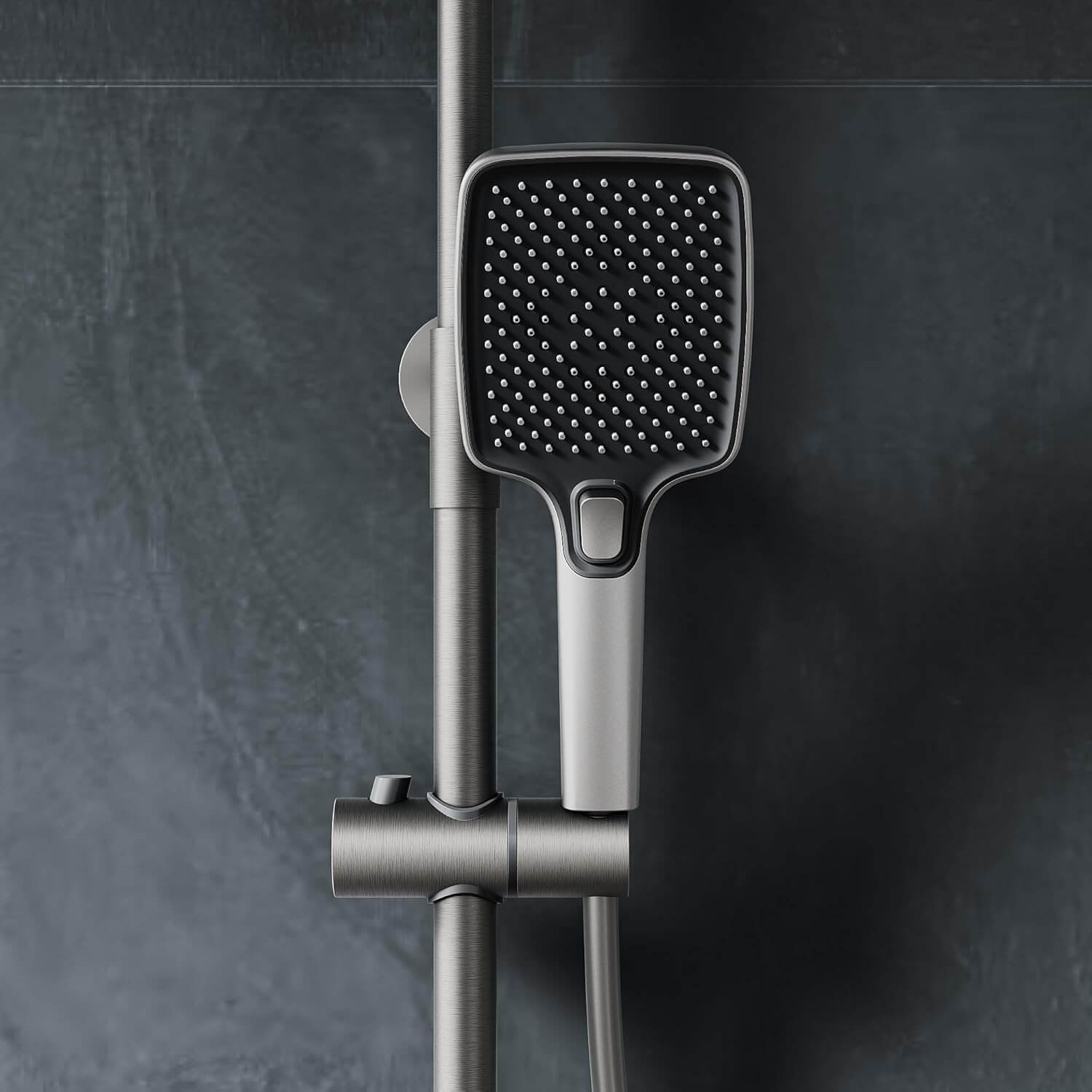 SONNI Duschsystem mit Thermostat (KTW/WRAS) Anthrazit Matt - 360° Drehbarer Eckiger Kopfbrause (1 Strahlart), Handbrause (3 Strahlarten), Brausestange aus Runde, Duschset, 38°C Konstanttemperatur, ABS