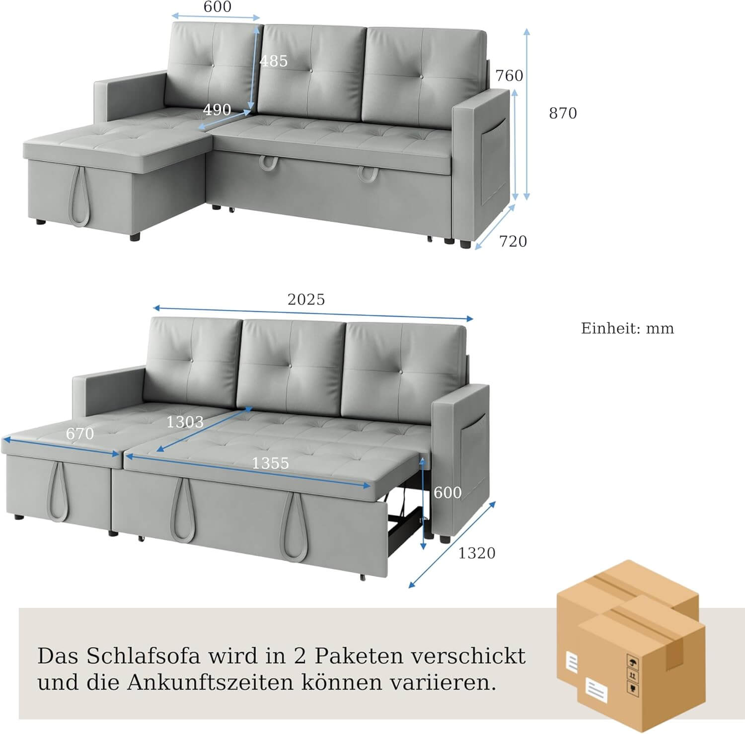SONNI Schlafsofa 3 Sitzer, 203cm Ecksofa, Schlafcouch mit Seitentaschen, 186 × 110 cm Liegefläche, Klappbares L-förmiges Sofa für Wohnzimmer/Schlafzimmer/Büro, Modernes Polstersofa