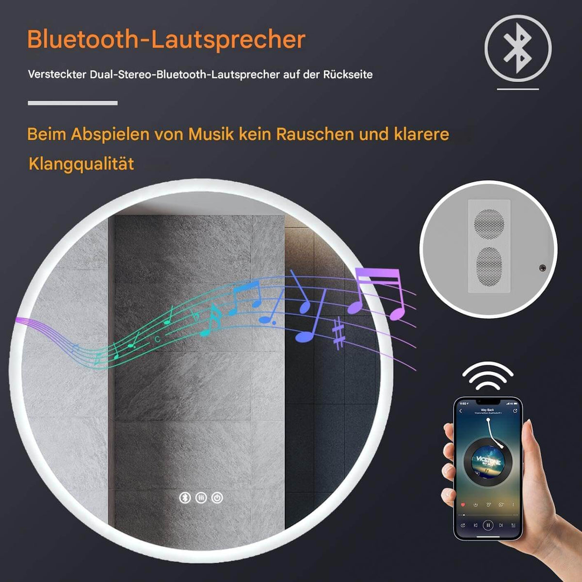 SONNI Badspiegel Runder mit Bluetooth Wandspiegel mit Beleuchtung, Spiegel Bad mit 3 einstellbare Farbtemperaturen und Anti-Beschlag, Kosmetikspiegel Rund - Sonni Sanitär GmbH