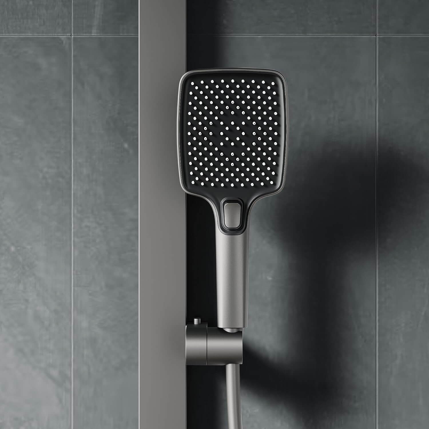 SONNI Duschsystem mit Thermostat (KTW/WRAS) Anthrazit Matt - Digital Temperaturanzeige, 360° Drehbarer Eckiger Kopfbrause (1 Strahlart), Handbrause (3 Strahlarten), Brausestange aus Vierkantrohr, 38°C