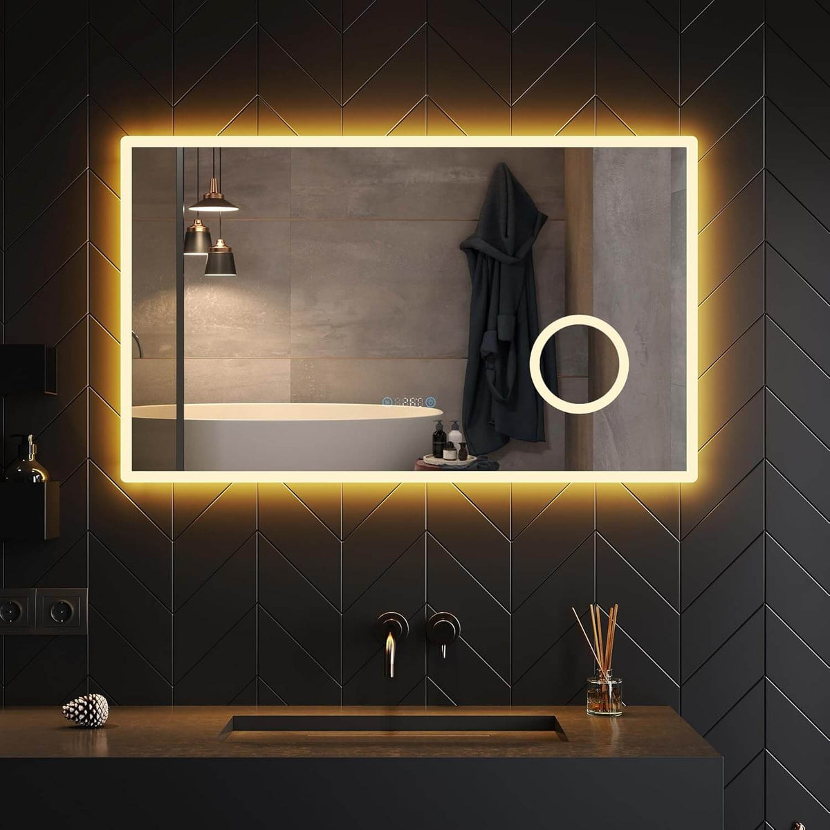 SONNI Badezimmerspiegel mit Beleuchtung Anti-Beschlag LED Touchschalter, Uhr, Temperatur, 3-Fach Vergrößerung, 60 cm