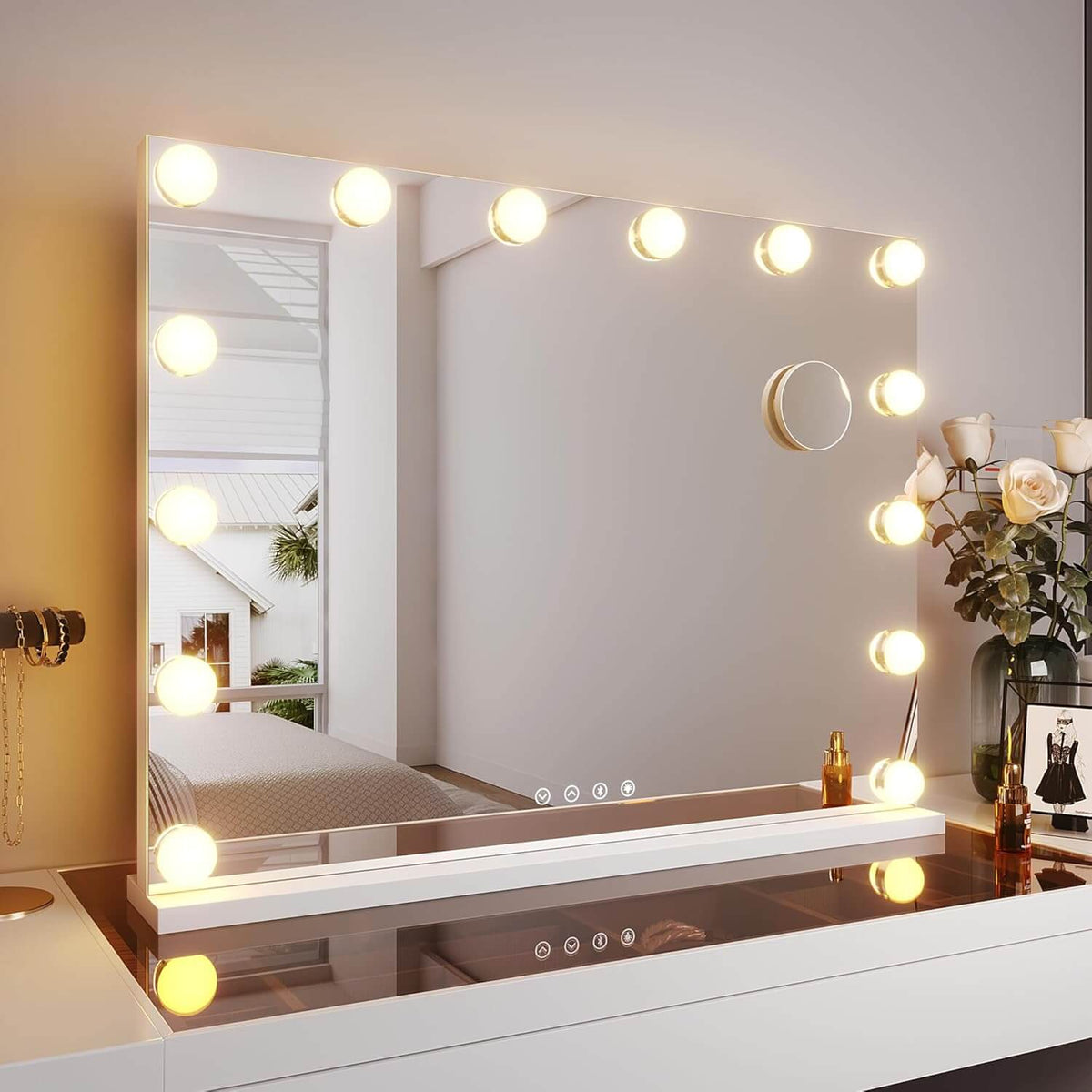 SONNI  Schminkspiegel 80x60cm, Hollywood Spiegel mit Beleuchtung, 3 Lichtmodi, mit USB und Bluetooth, Kosmetikspiegel mit 10X Abnehmbare Lupe, Wandspiegel, Tischspiegel, Weiß