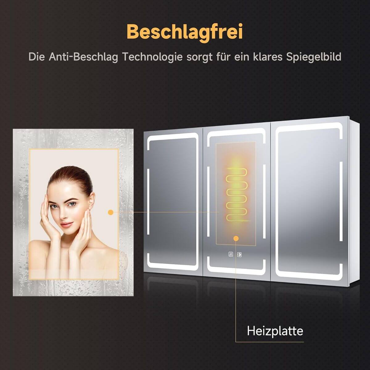 SONNI Spiegelschrank mit Beleuchtung 3 Lichtfarbe Einstellbar und Beschlagfrei 3 Türiger Spiegelschrank mit Kabelloses Scharnier Design und Steckdose 90x60 cm weiß