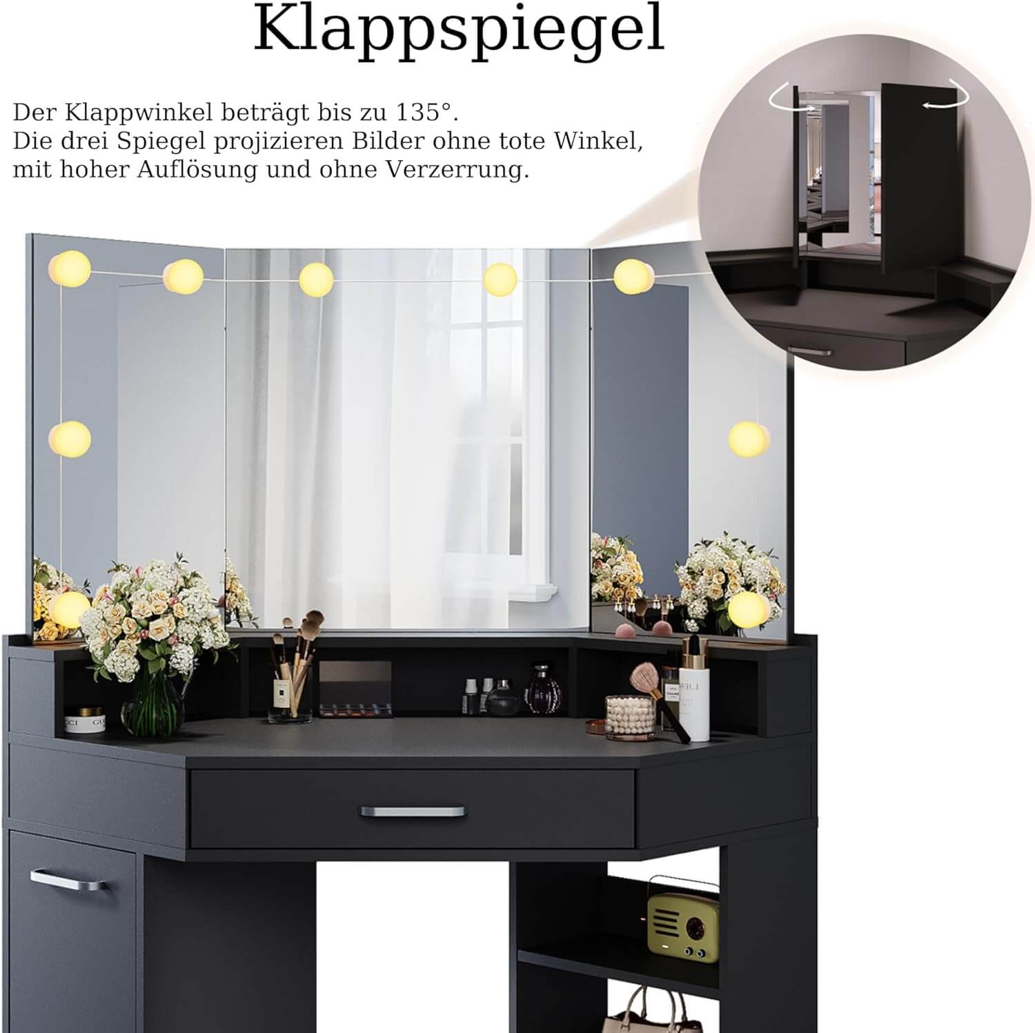 SONNI Eck Schminktisch mit Dreifachspiegel, 111x54x141.5cm, Kosmetiktisch mit Großer Schubladen, Auszugsschrank, Regale, 3 Offene Fächer, Moderner Frisiertisch für Schlafzimmer