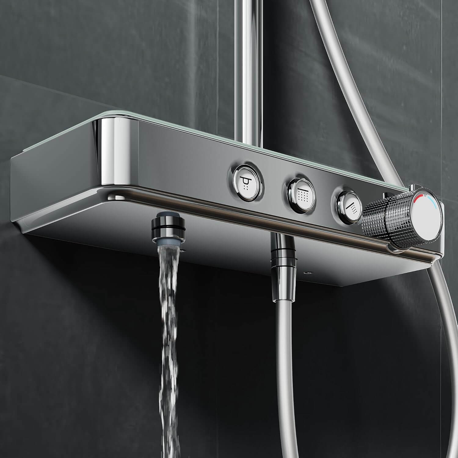 SONNI Duschsystem mit Thermostat (KTW/WRAS) Chrom - Kindersicherung, Französisches Ventil, 360° Drehbarer Runder Kopfbrause (1 Strahlart), Handbrause (3 Strahlarten), Brausestange aus Runde, 38°C, ABS