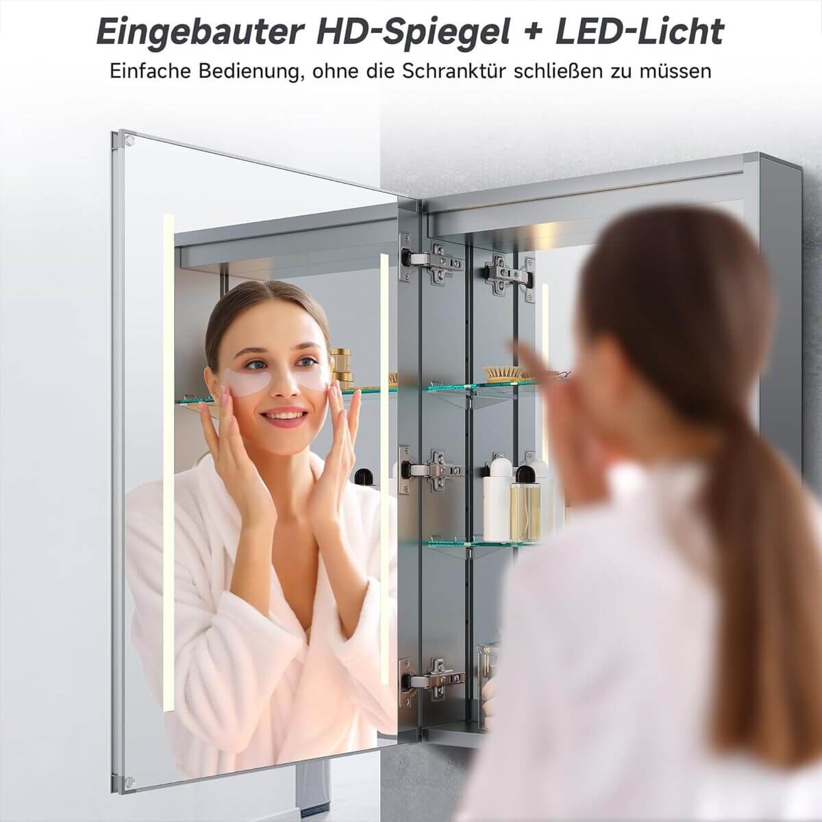SONNI LED Spiegelschrank mit Beleuchtung 50 × 70cm Aluminium beschlagfrei Kabelloses Scharnier Design, Badezimmerschrank mit Spiegel und Steckdose für Badezimmer IP44 wasserdiht