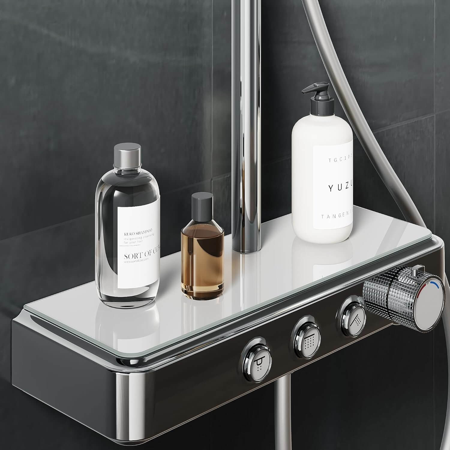 SONNI Duschsystem mit Thermostat (KTW/WRAS) Chrom - Kindersicherung, Französisches Ventil, 360° Drehbarer Runder Kopfbrause (1 Strahlart), Handbrause (3 Strahlarten), Brausestange aus Runde, 38°C, ABS