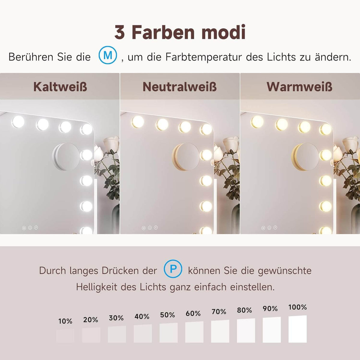 SONNI  Hollywood Schminkspiegel, 360°drehbarer Schminktisch Spiegel mit 3 Lichtmodi und 14 Licht Dimmbar, mit Handyhalter und USB, 10X Vergrößerung, Smart Touch Steuerung 50x40cm