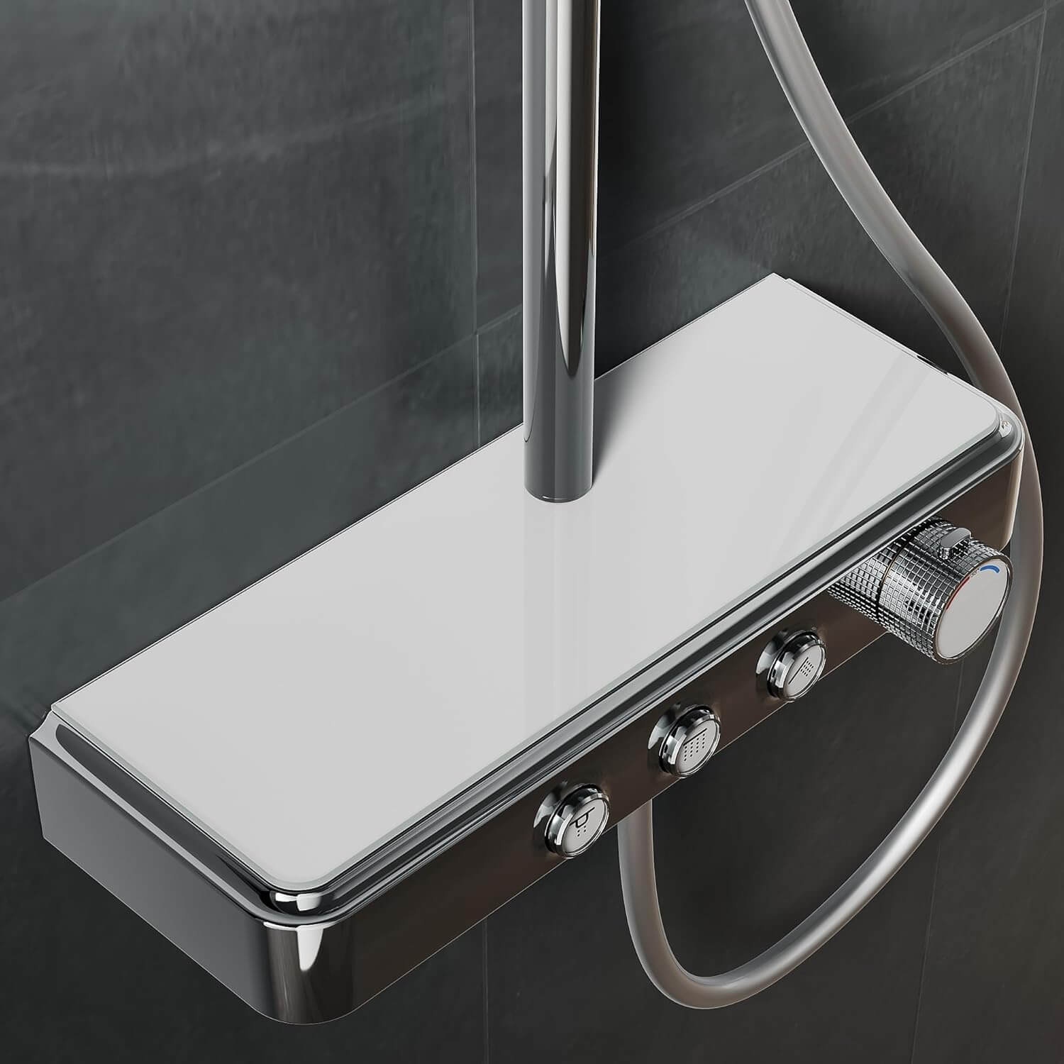 SONNI Duschsystem mit Thermostat (KTW/WRAS) Chrom - Kindersicherung, Französisches Ventil, 360° Drehbarer Runder Kopfbrause (1 Strahlart), Handbrause (3 Strahlarten), Brausestange aus Runde, 38°C, ABS