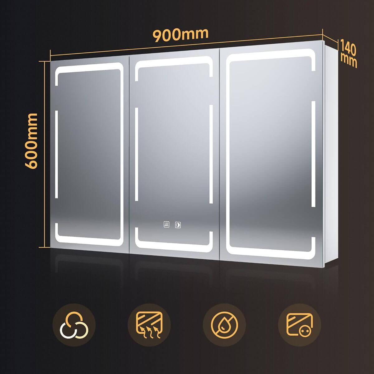 SONNI Spiegelschrank mit Beleuchtung 3 Lichtfarbe Einstellbar und Beschlagfrei 3 Türiger Spiegelschrank mit Kabelloses Scharnier Design und Steckdose 90x60 cm weiß